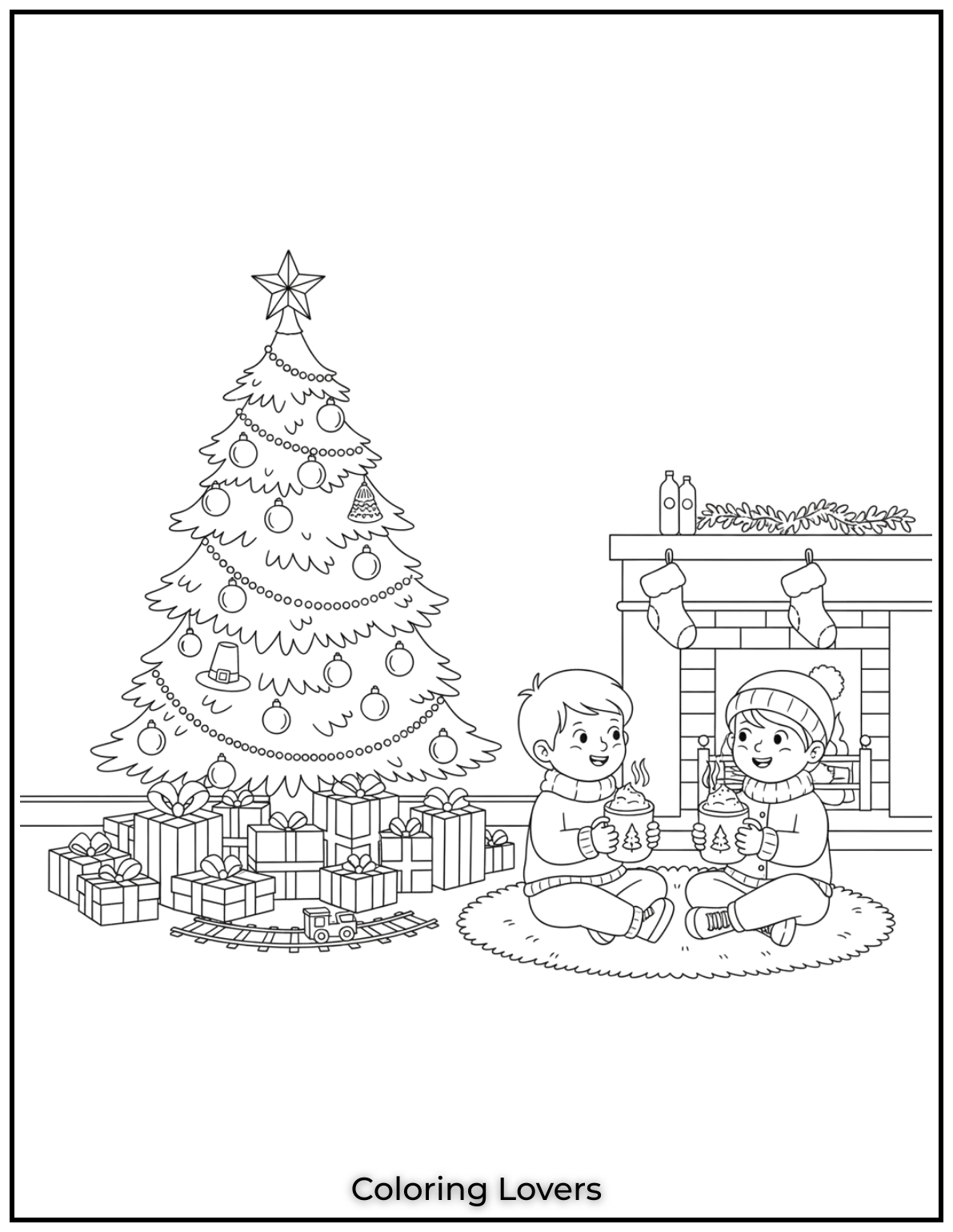 Free Printable Christmas Tree Coloring Pages 36 I loved drawing these little ones sipping hot chocolate by the Christmas tree.
