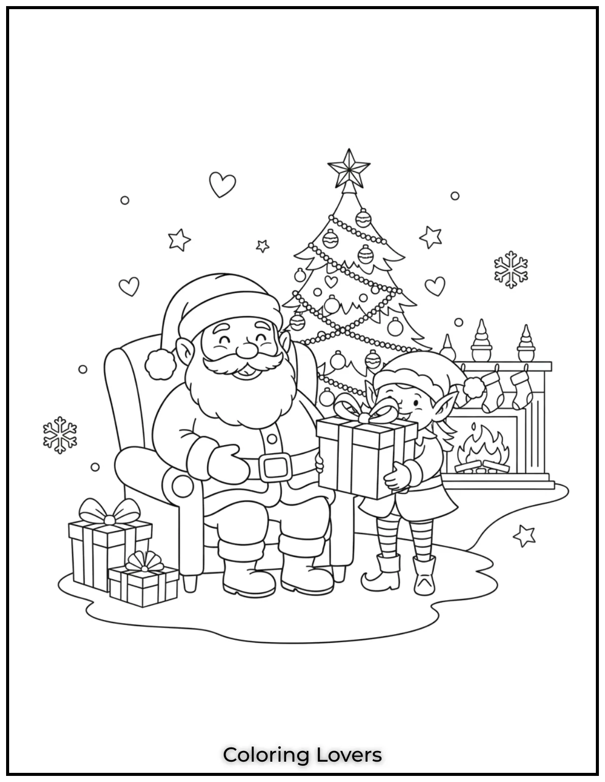 I loved drawing this cozy moment of Santa with his cheerful elf holding a wrapped gift.