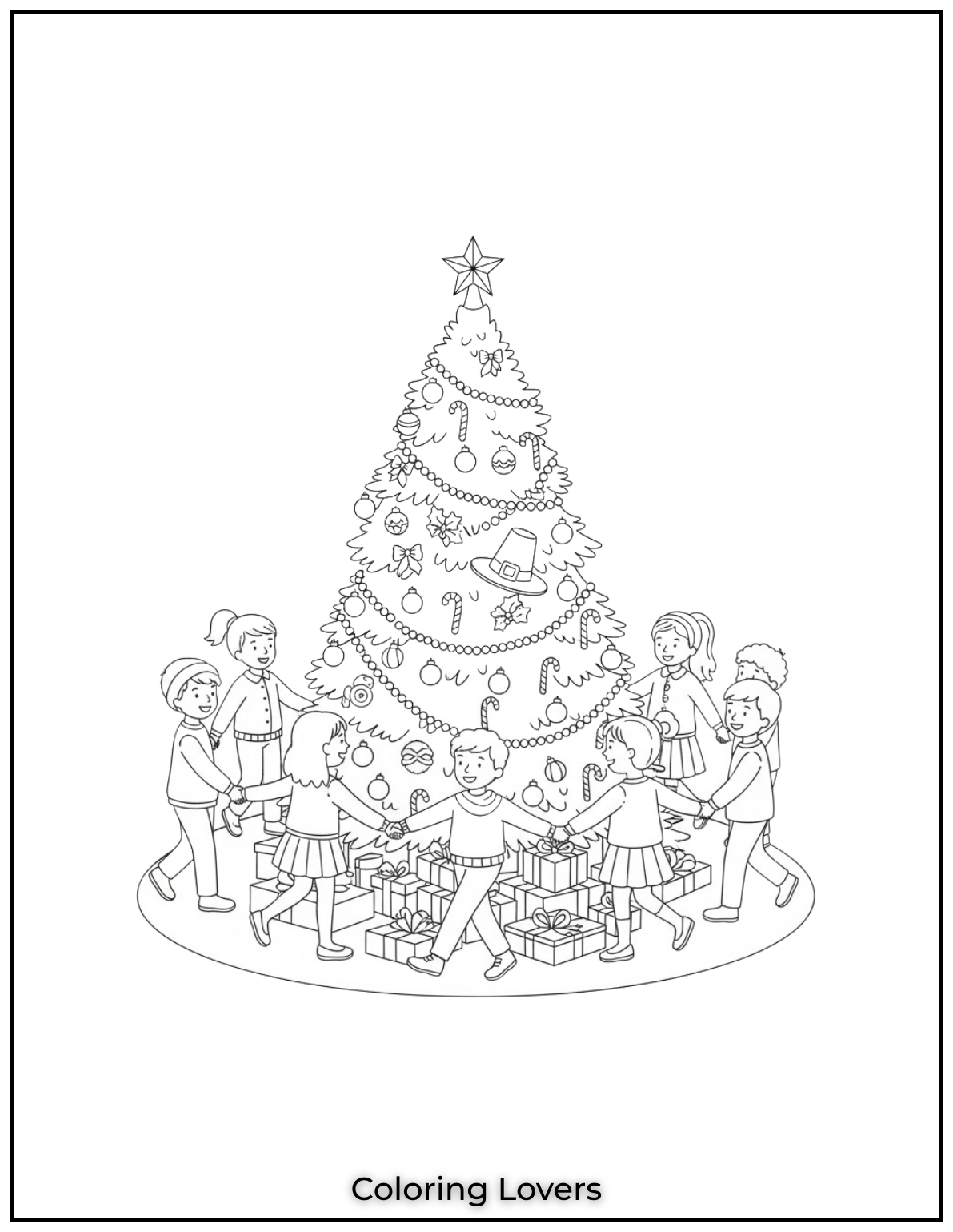 Free Printable Christmas Tree Coloring Pages 42 I loved drawing this sweet scene of children holding hands around a beautifully decorated Christmas tree.