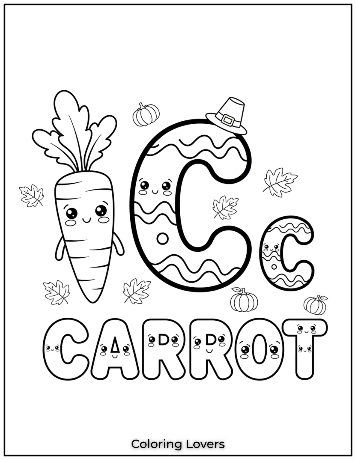 Letter “C” carrot coloring page for preschoolers.
