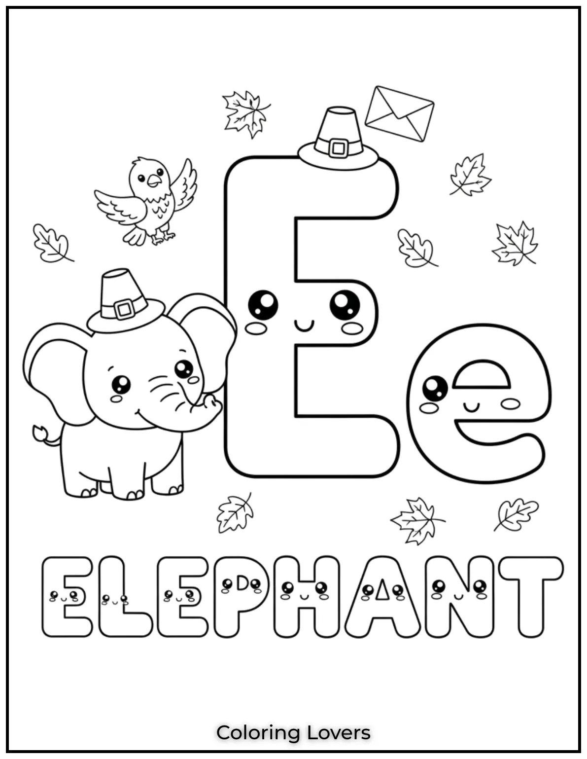 Letter “E” elephant coloring page.
