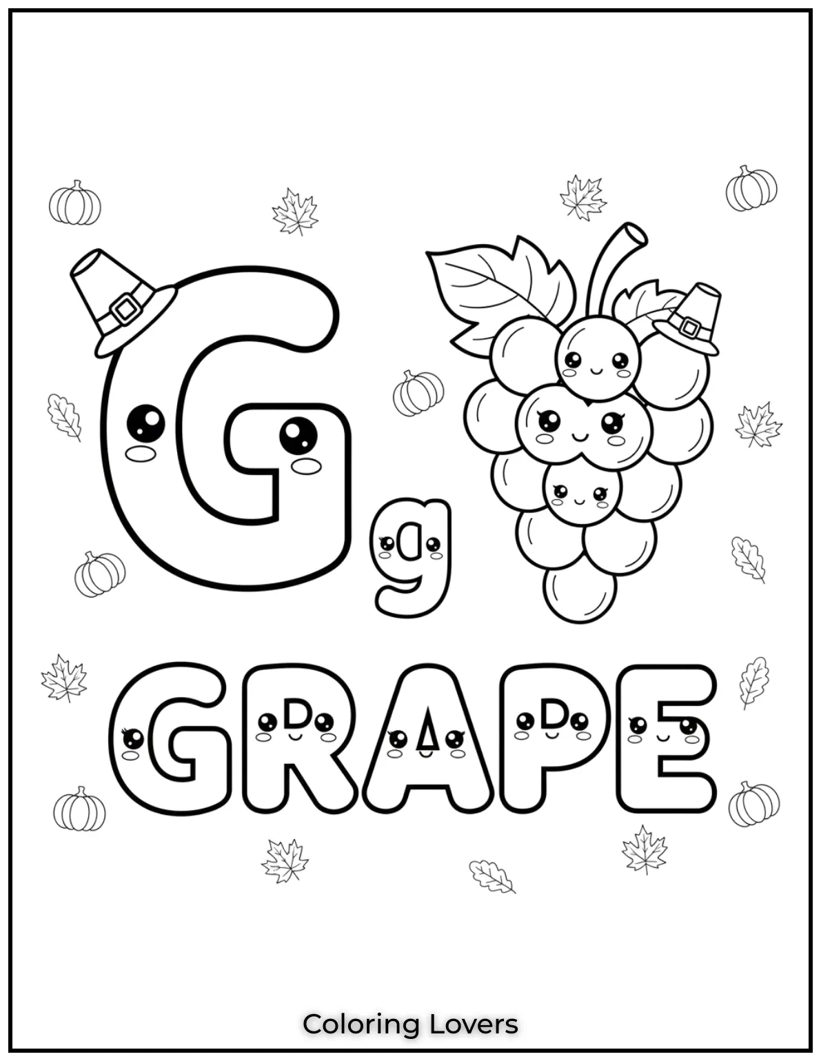 Letter “G” grape coloring page for preschoolers.
