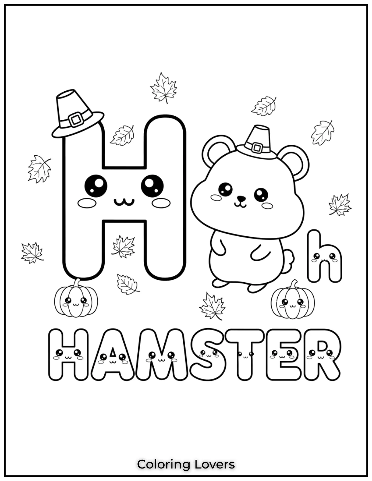 Letter “H” hamster coloring page for preschoolers.
