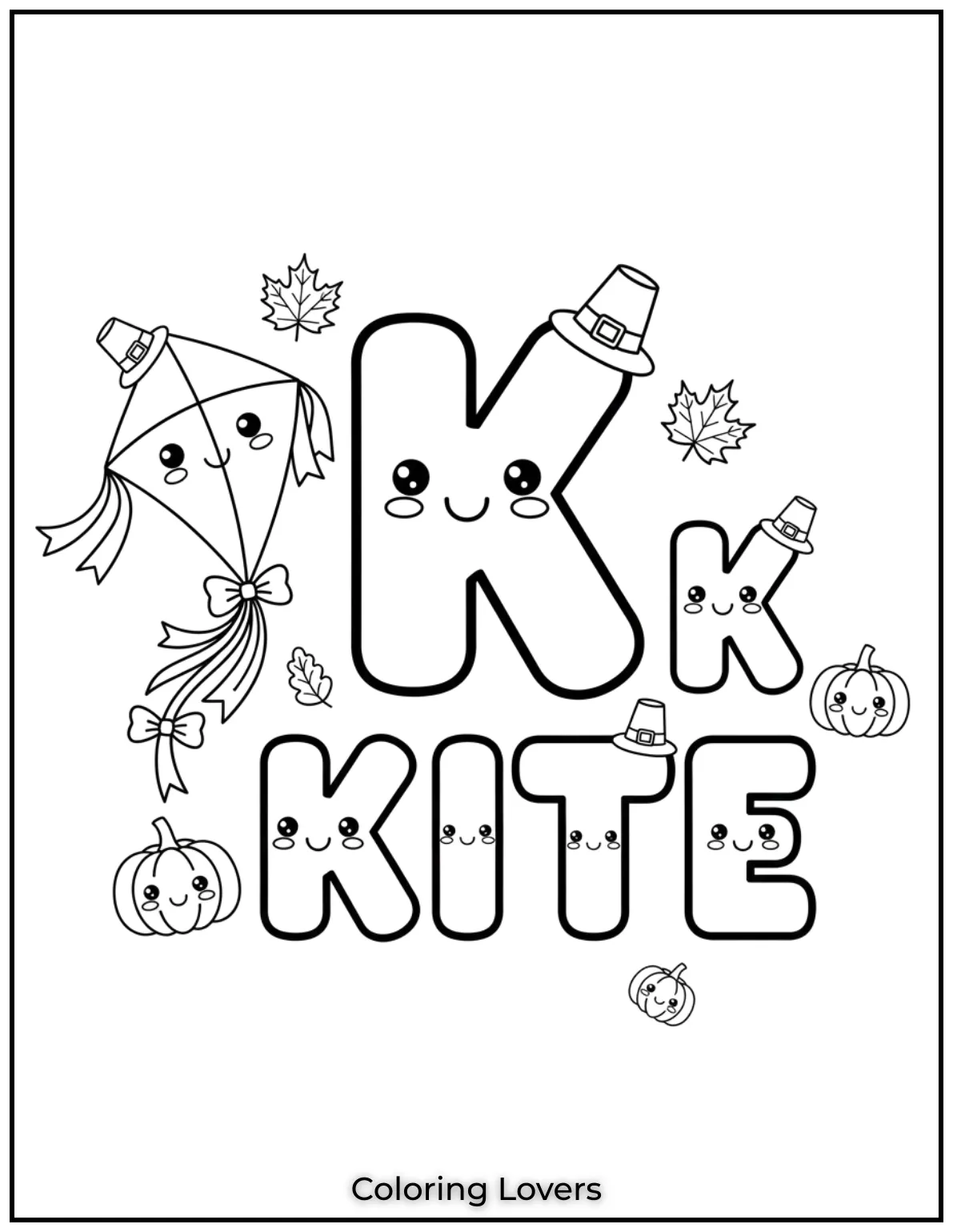 Letter “K” kite coloring page for preschoolers.
