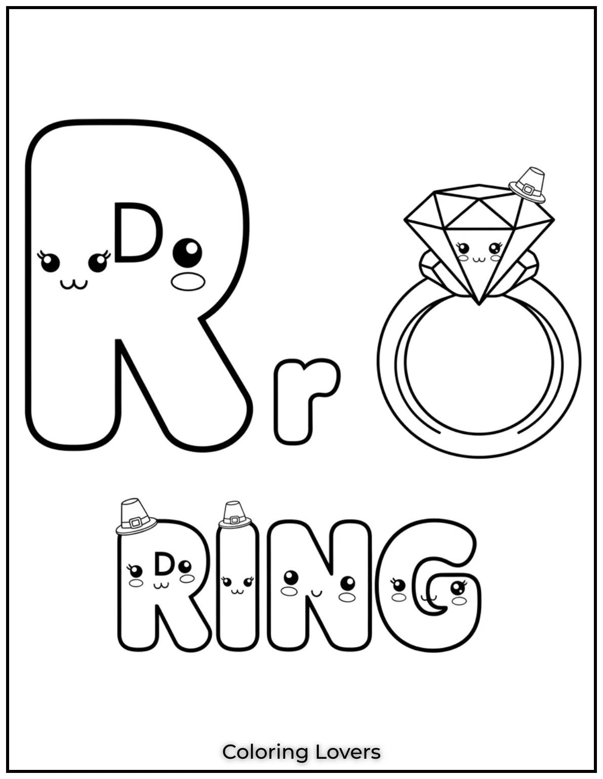 Letter “R” ring cream coloring page for preschoolers.
