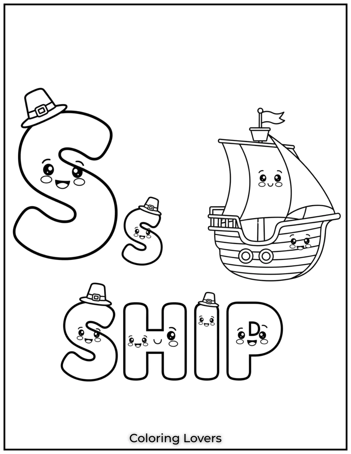 Letter “S” ship coloring page for preschoolers.
