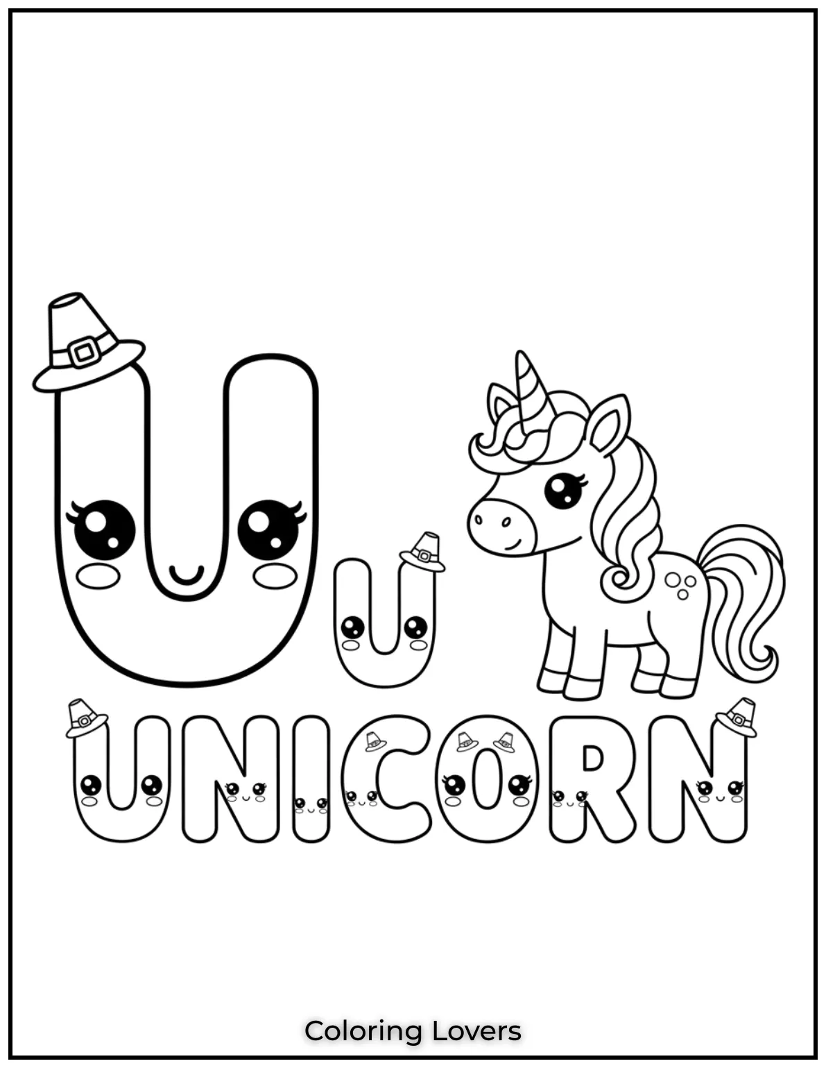 Letter “U” unicorn cream coloring page for preschoolers.

