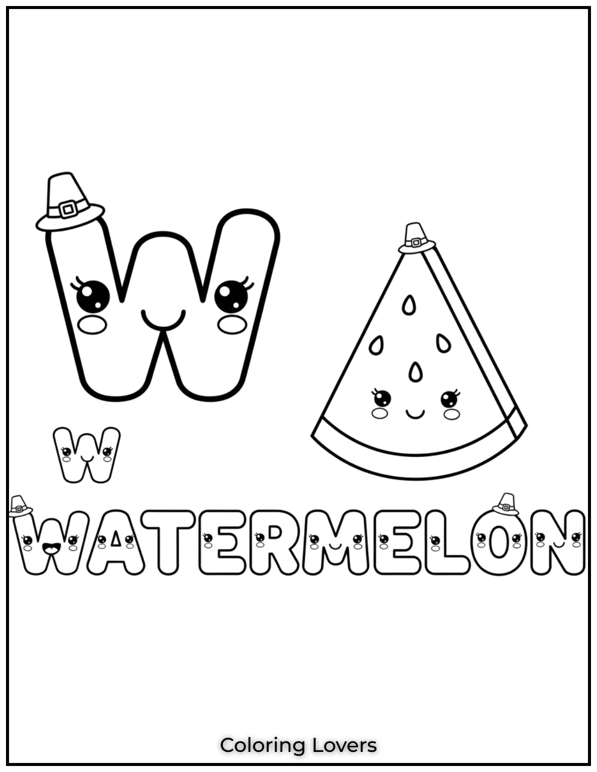 Letter “W” watermelon coloring page for preschoolers.
