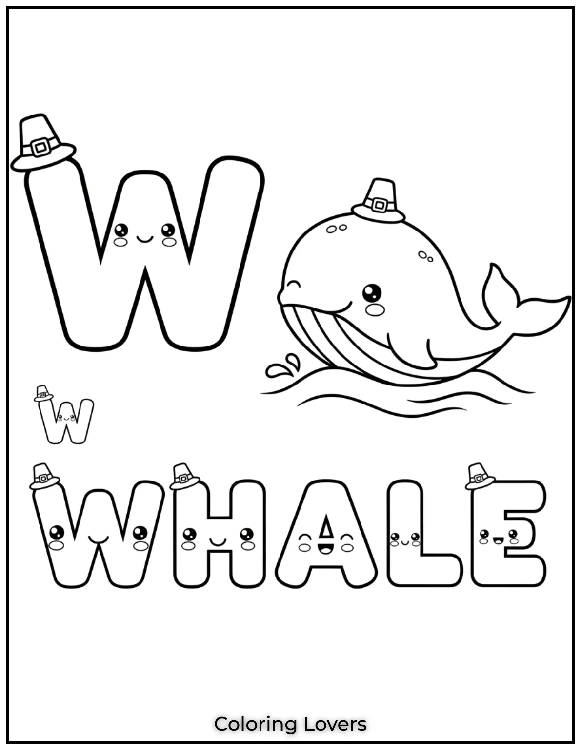 Letter “W” whale coloring page.
