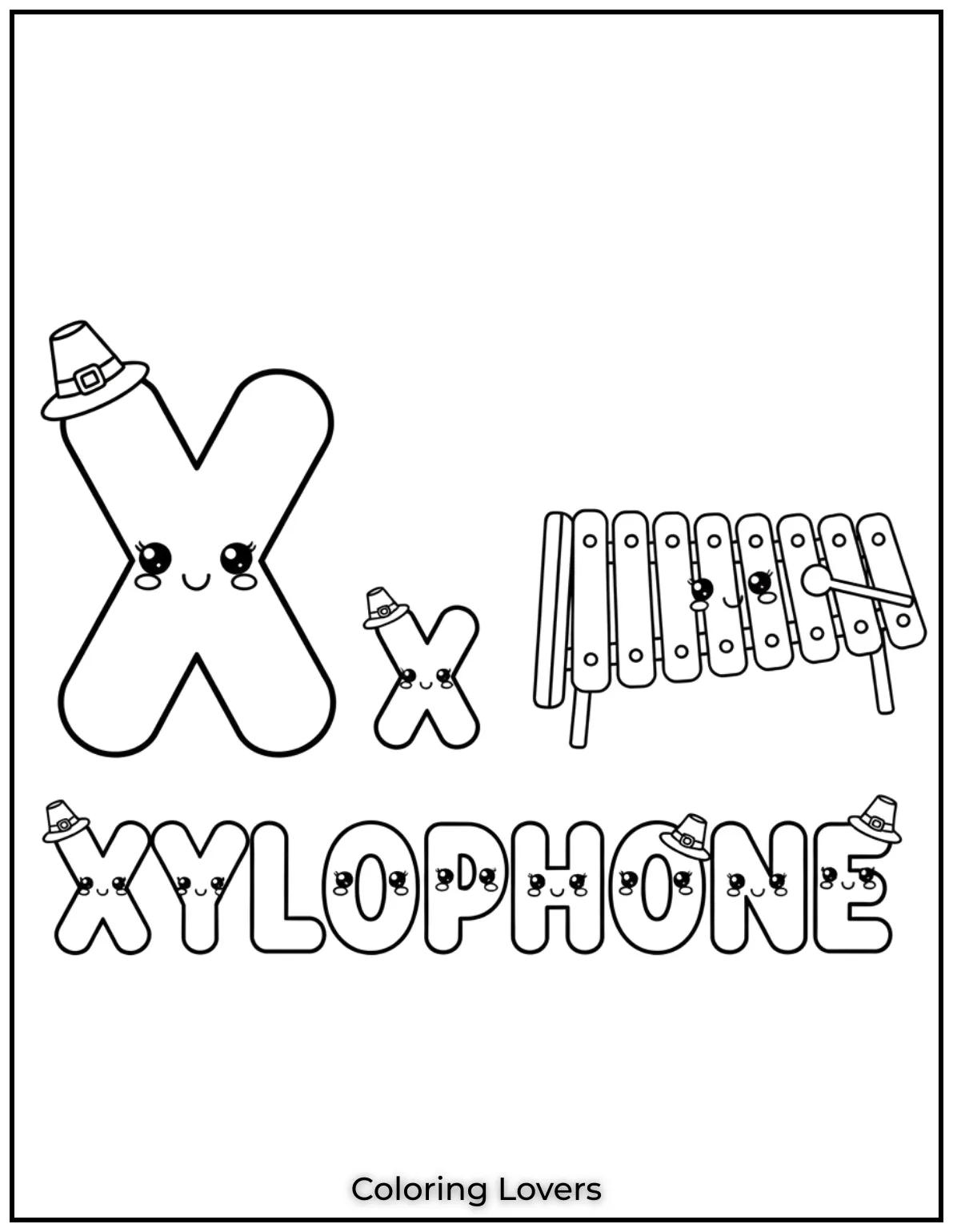 Letter “X” xylophone cream coloring page for preschoolers.
