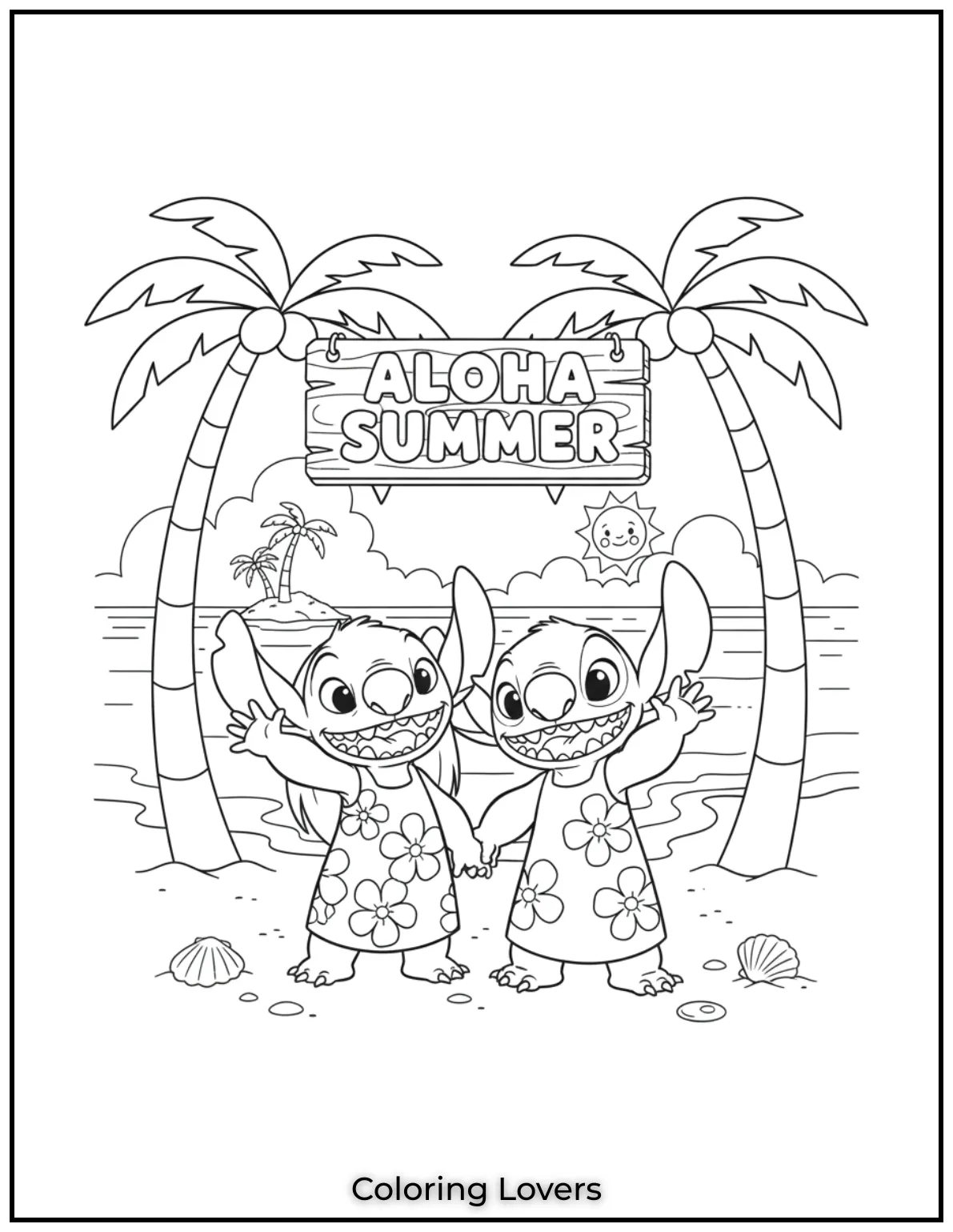 Lilo and Stitch stand smiling under an ‘Aloha Summer’ sign.