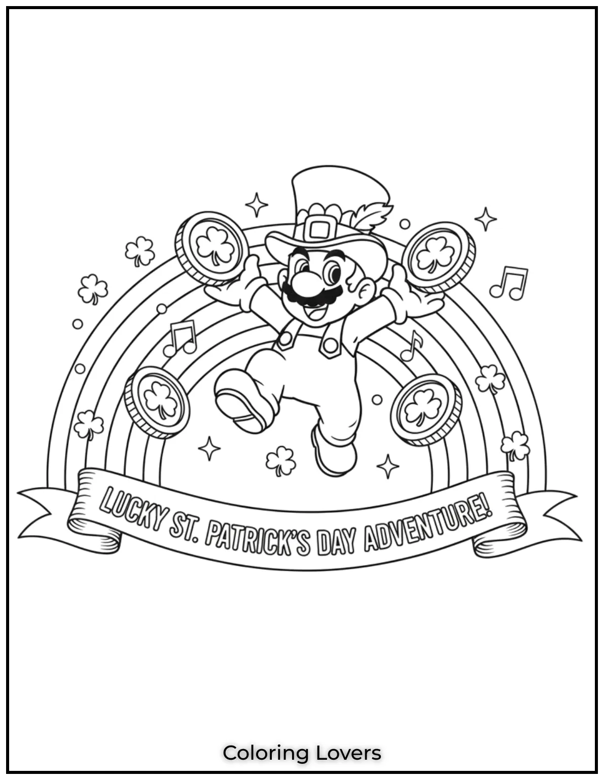 Download St Patrick's Day Coloring Pages 27 Mario jumps through a rainbow, collecting lucky shamrock coins