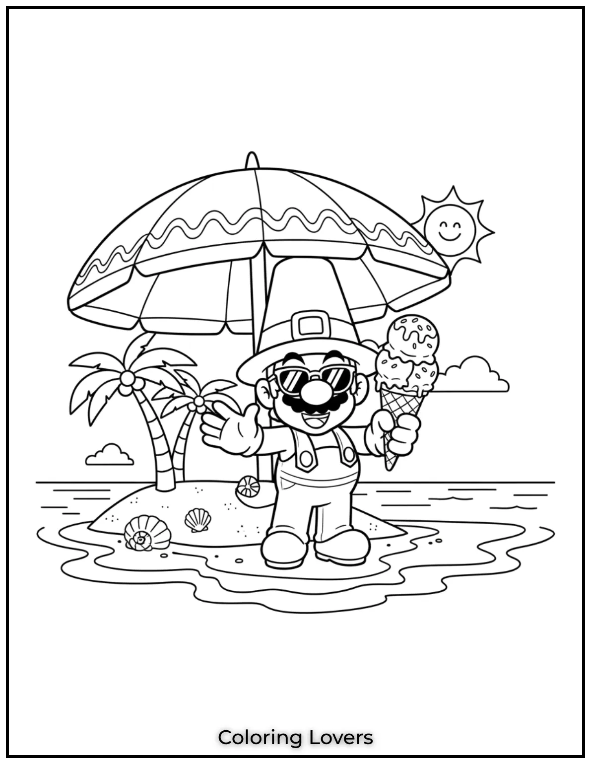 Mario waves cheerfully holding an ice cream under a big umbrella.