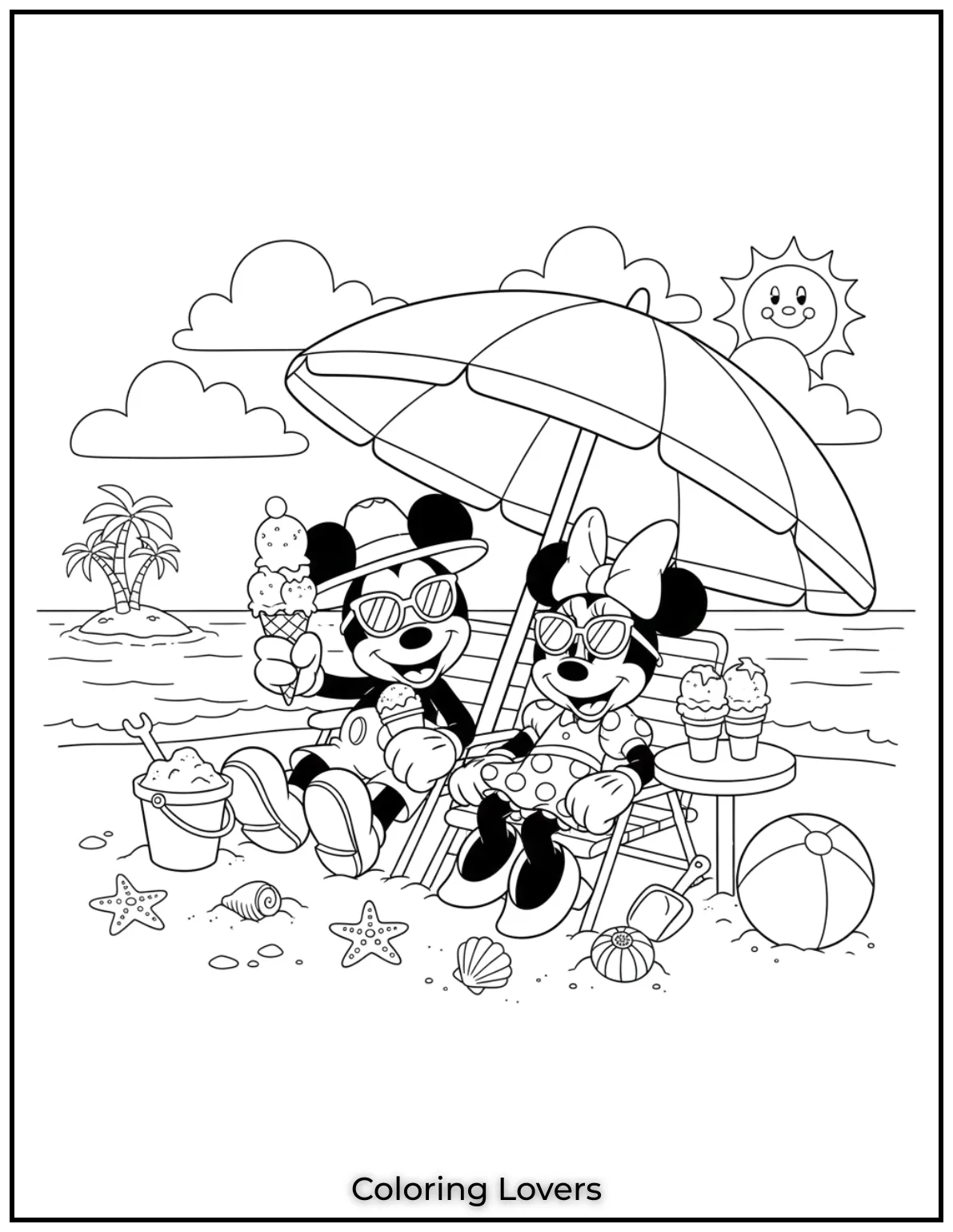 Mickey Mouse and Minnie Mouse enjoy the sun with buckets and ice cream.