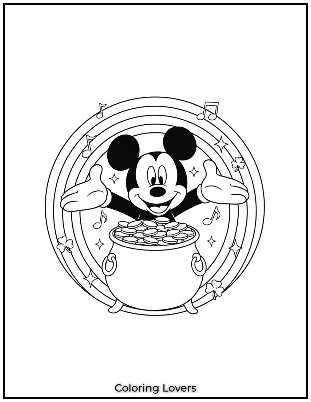 Download St Patrick's Day Coloring Pages 22 Mickey Mouse holds a pot of gold under a bright rainbow
