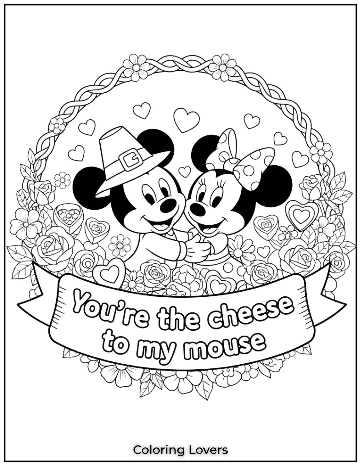 Cute Valentine’s Day Coloring Pages to Color and Enjoy 50 Mickey and Minnie share love with flowers and chocolates saying Youre the cheese to my mouse This adorable moment is perfect for celebrating Valentines Day joyfully