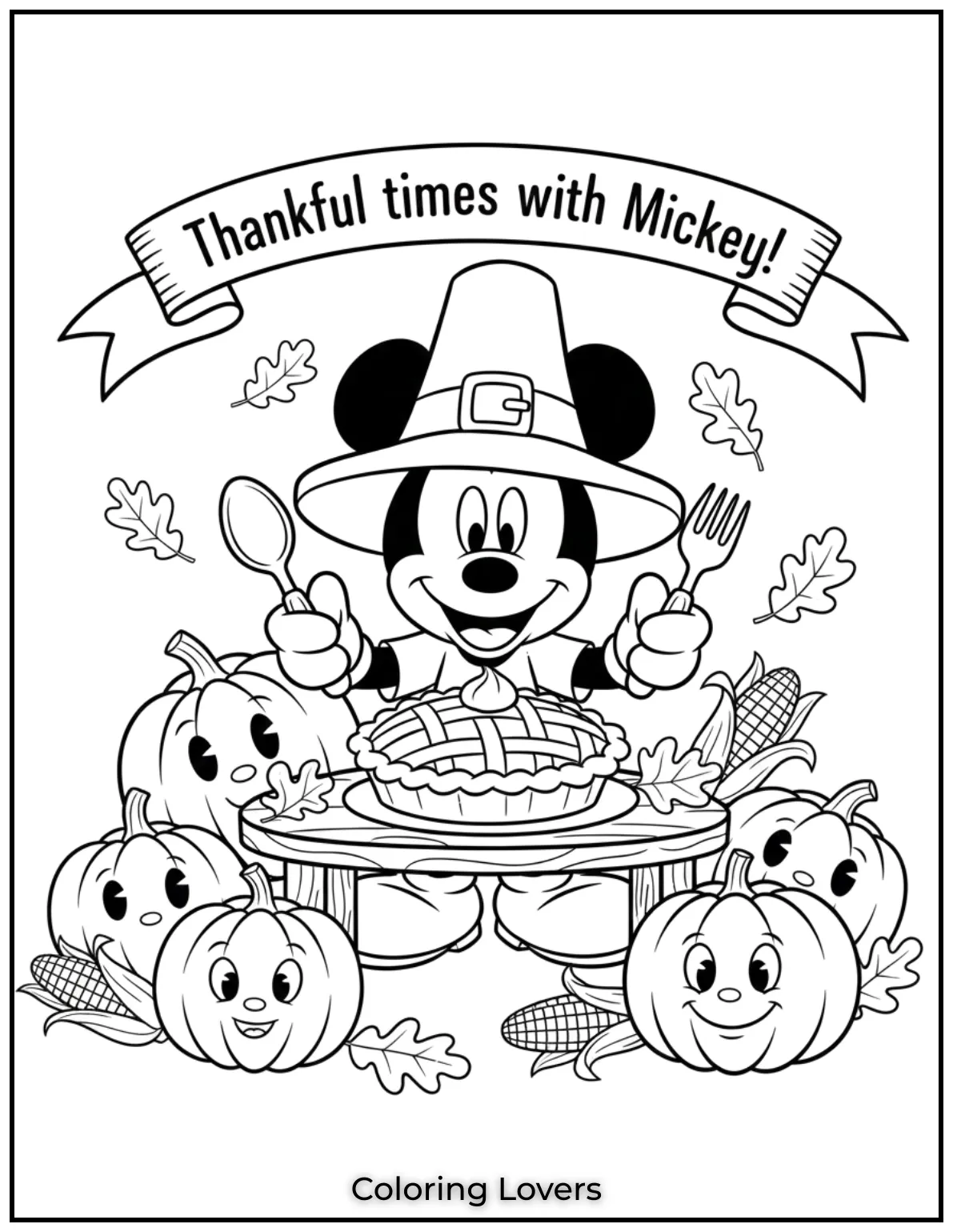 Mickeys all set for Thanksgiving with pumpkins and pie and the happy phrase Thankful times with Mickey What a lovely scene to color and celebrate the season