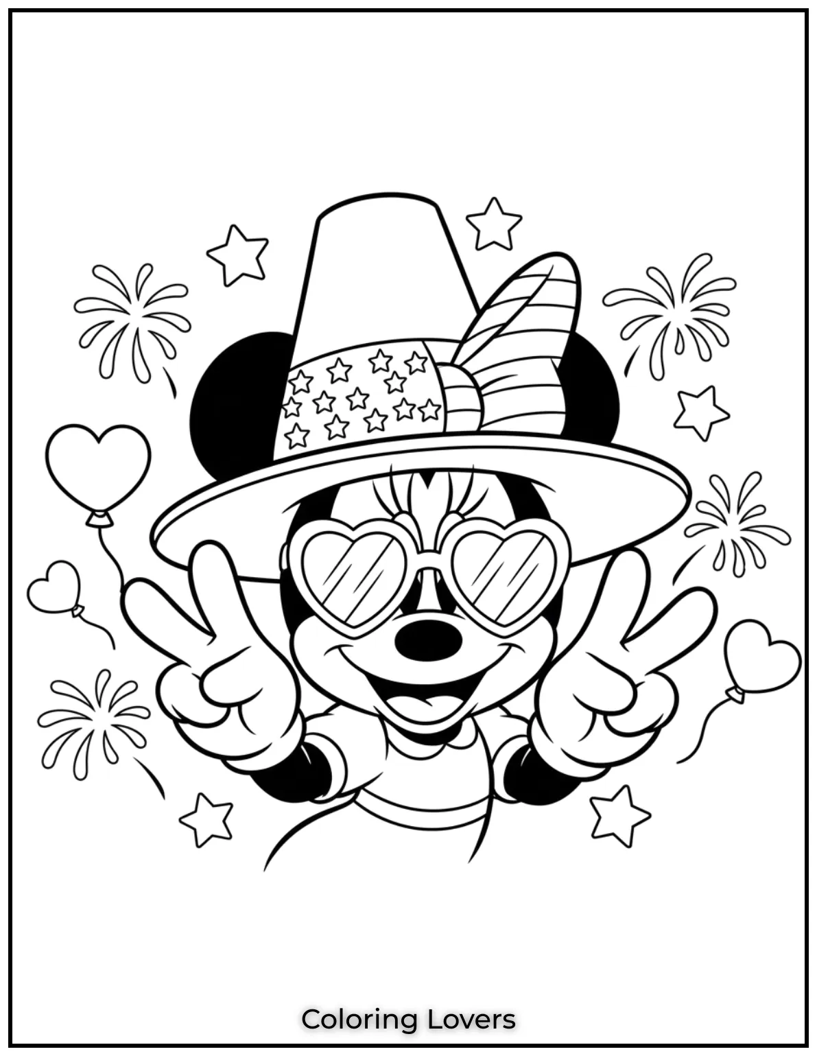 Minnie Mouse flashes peace signs and heart glasses with joy. Her USA bow brings summer fun alive