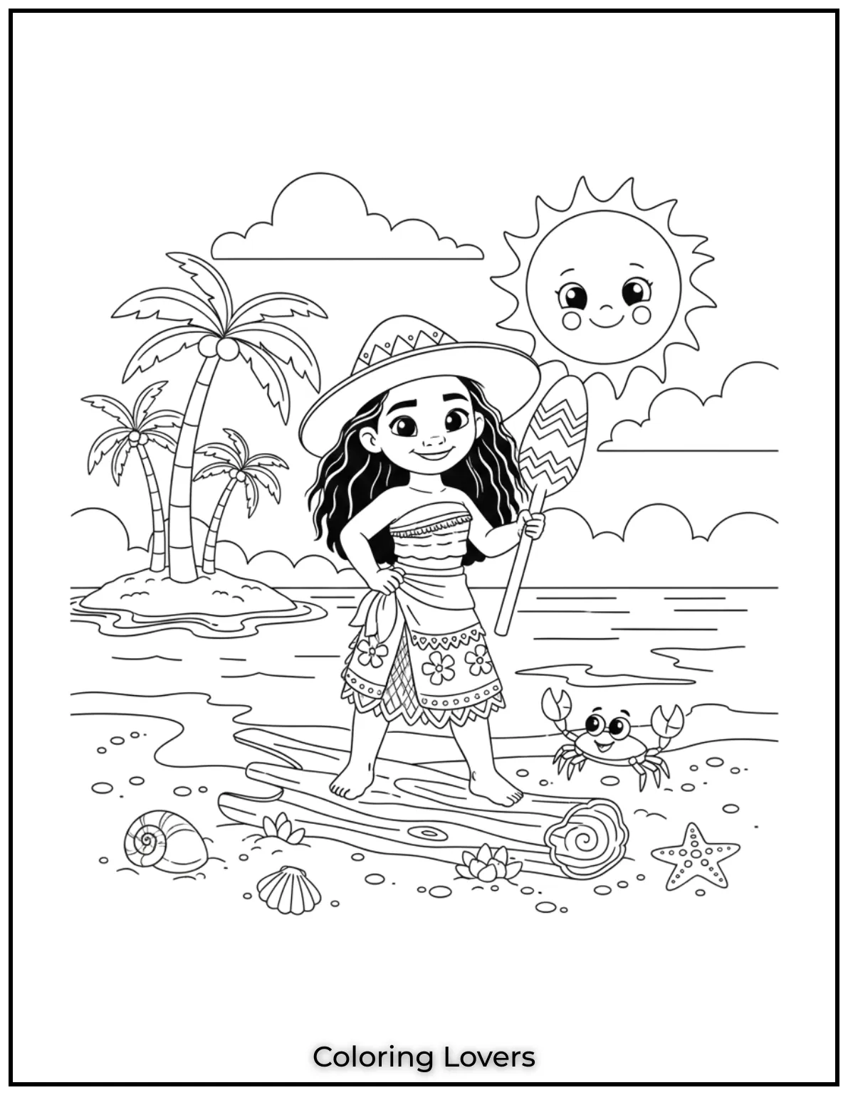 Moana stands tall on driftwood, holding her oar as she gazes across the waves with a crab nearby.