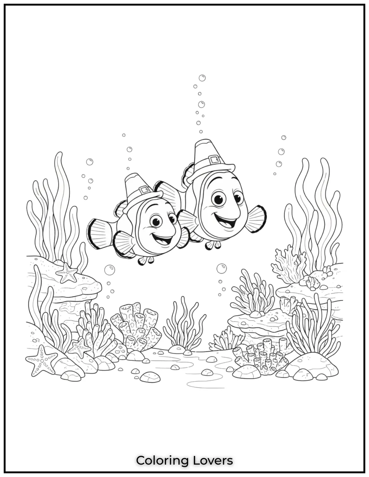 Nemo explores coral reefs with his dad beside him. A sweet Finding Nemo duo ready for coloring fun