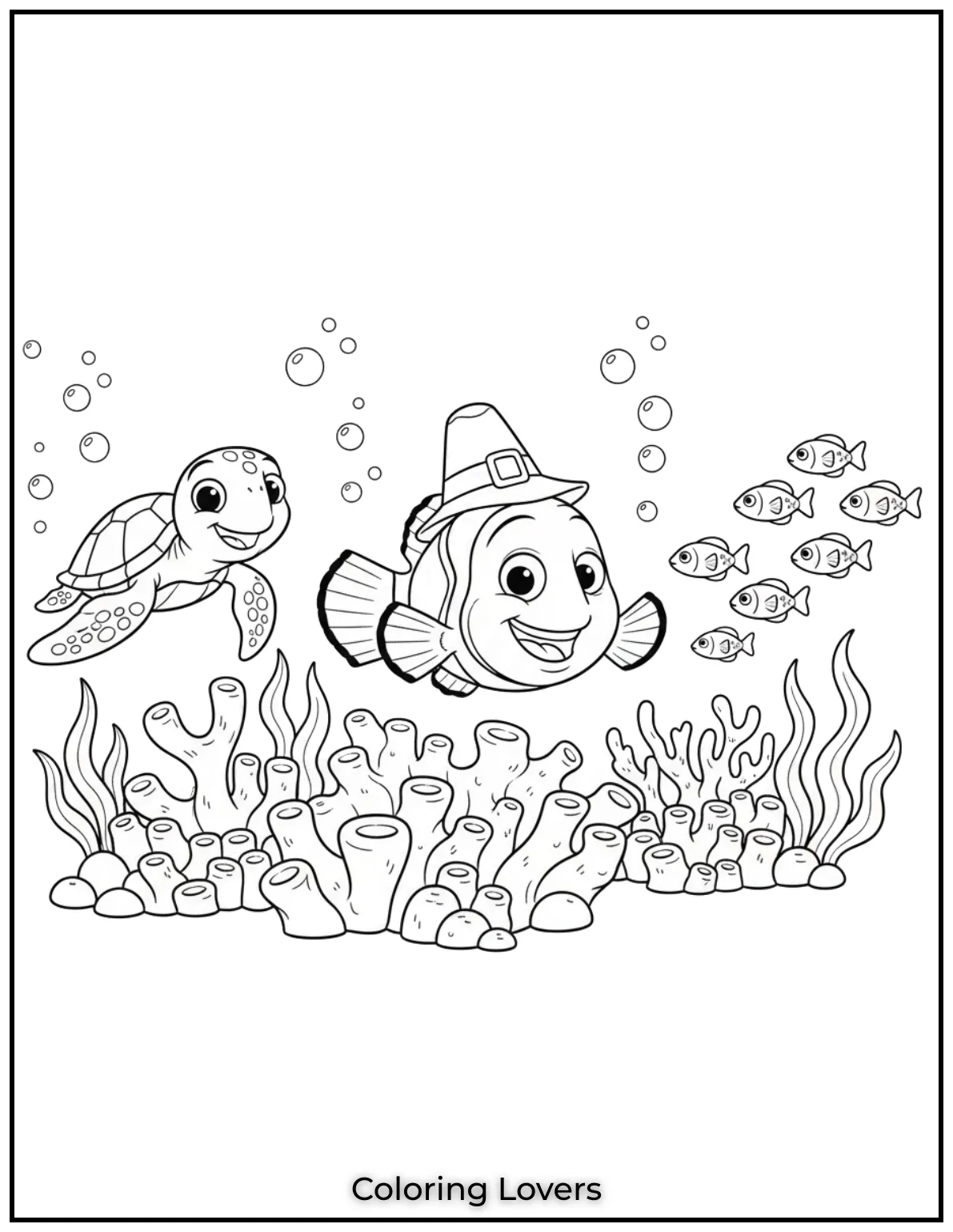 Nemo smiles cheerfully as he floats under the sea. A playful scene from Finding Nemo to brighten any page