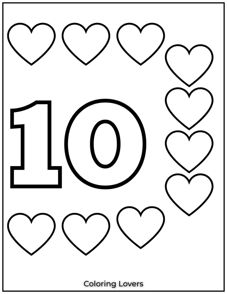 Number 10 coloring page with ten hearts