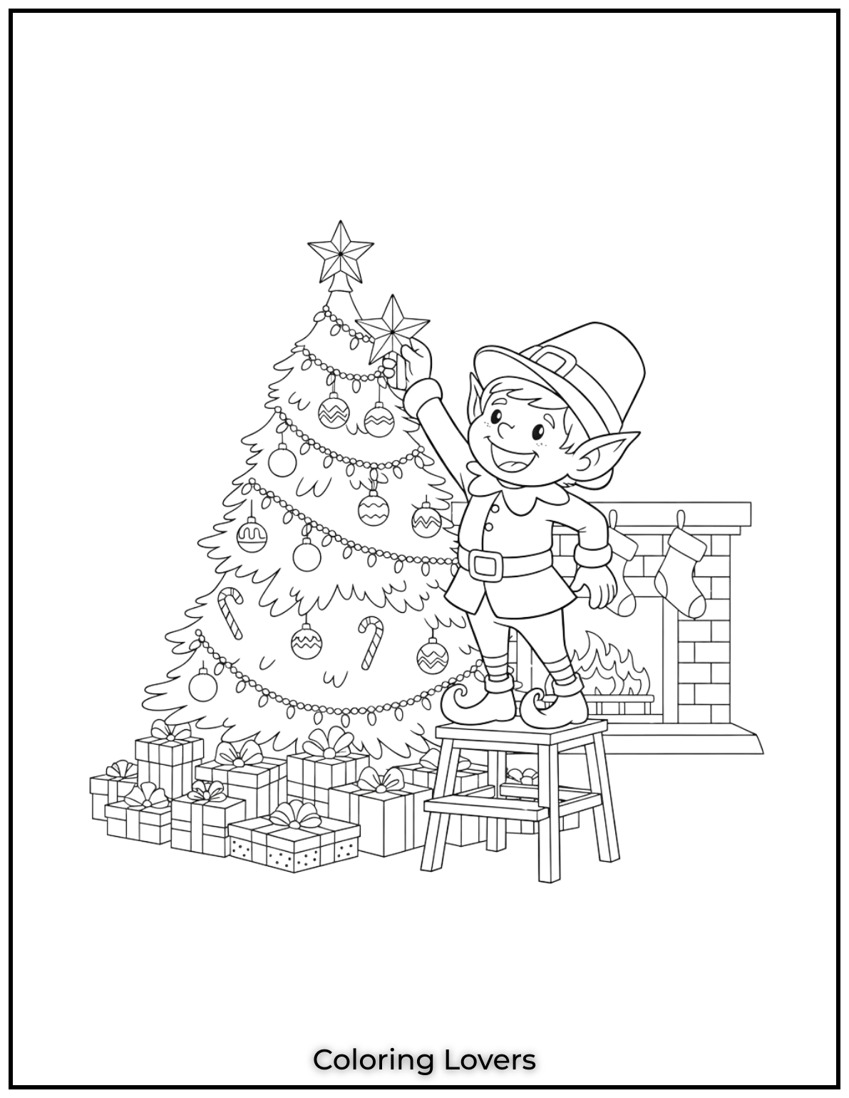 Free Printable Christmas Tree Coloring Pages 10 Our cheerful elf is adding the finishing touches to the tree.