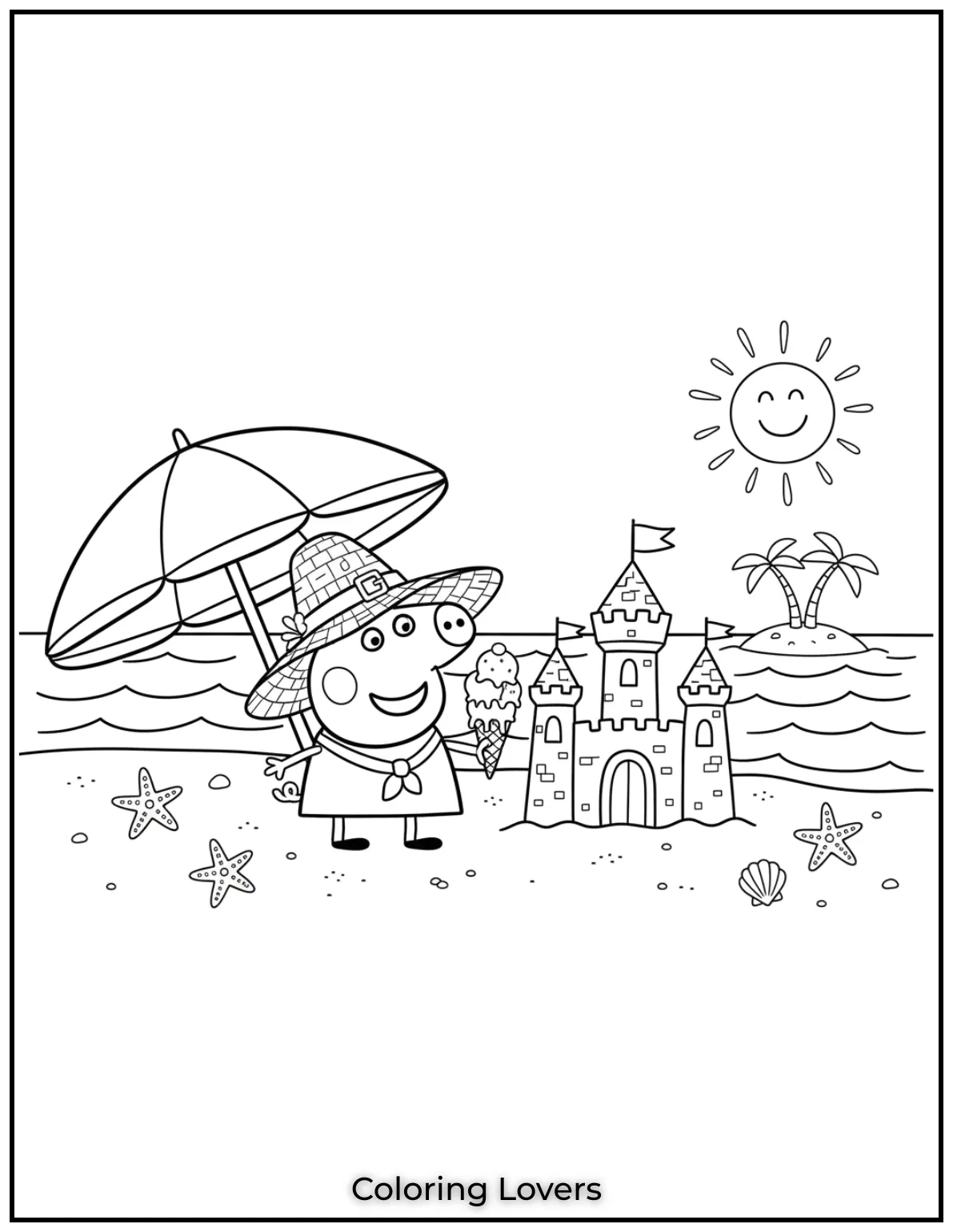 Peppa Pig smiles under her sunhat, holding an ice cream cone beside her sandcastle and umbrella.