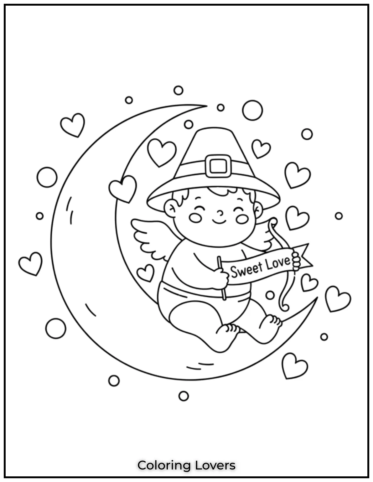 Cute Valentine’s Day Coloring Pages to Color and Enjoy 11 Perched on a crescent moon this cherub celebrates with the sweetest message Sweet Love