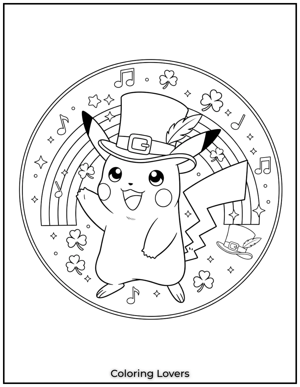 Download St Patrick's Day Coloring Pages 21 Pikachu shines with excitement in his festive leprechaun hat.
