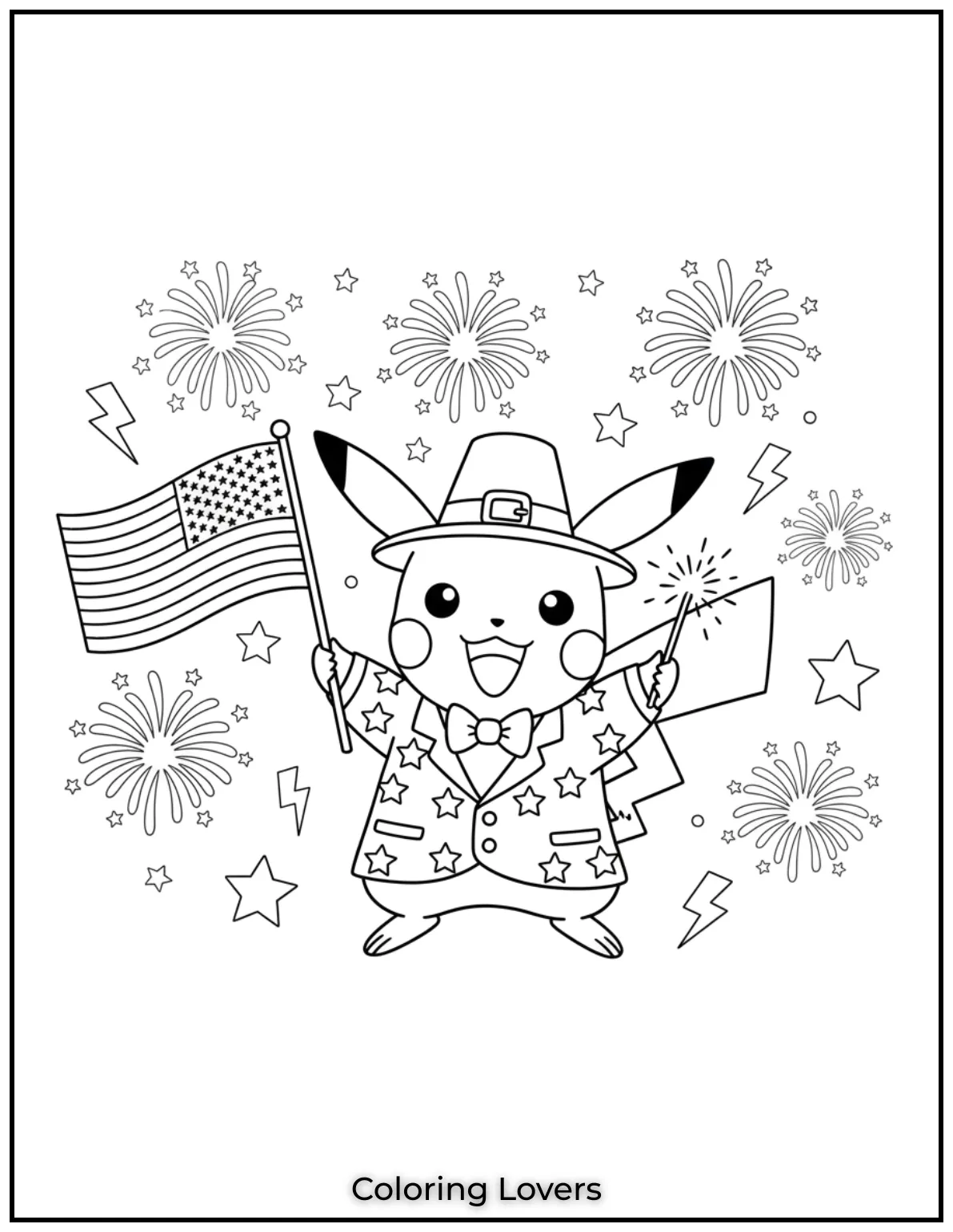 Pikachu waves the flag with a big smile and starry suit. This bright 4th of July moment feels full of joy