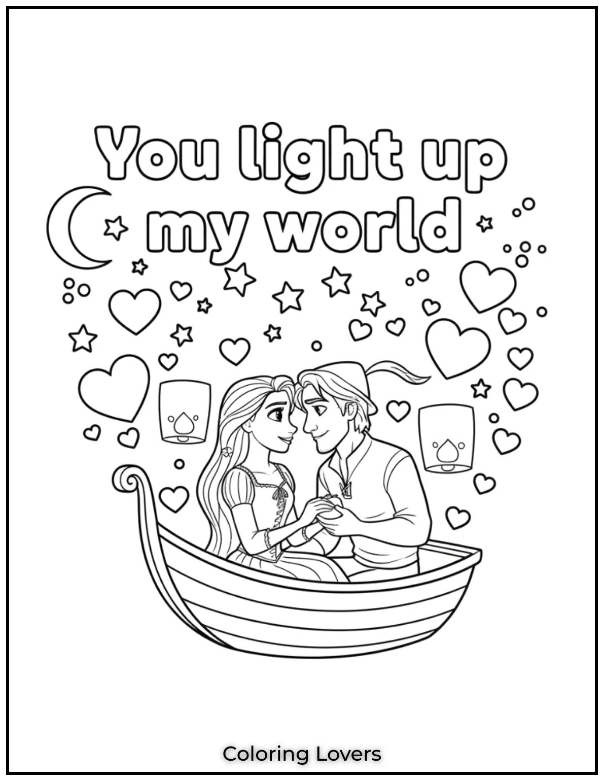 Cute Valentine’s Day Coloring Pages to Color and Enjoy 55 Rapunzel and Flynn light up the night in a boat sharing You light up my world. This is a magical addition to Valentines Day coloring pages
