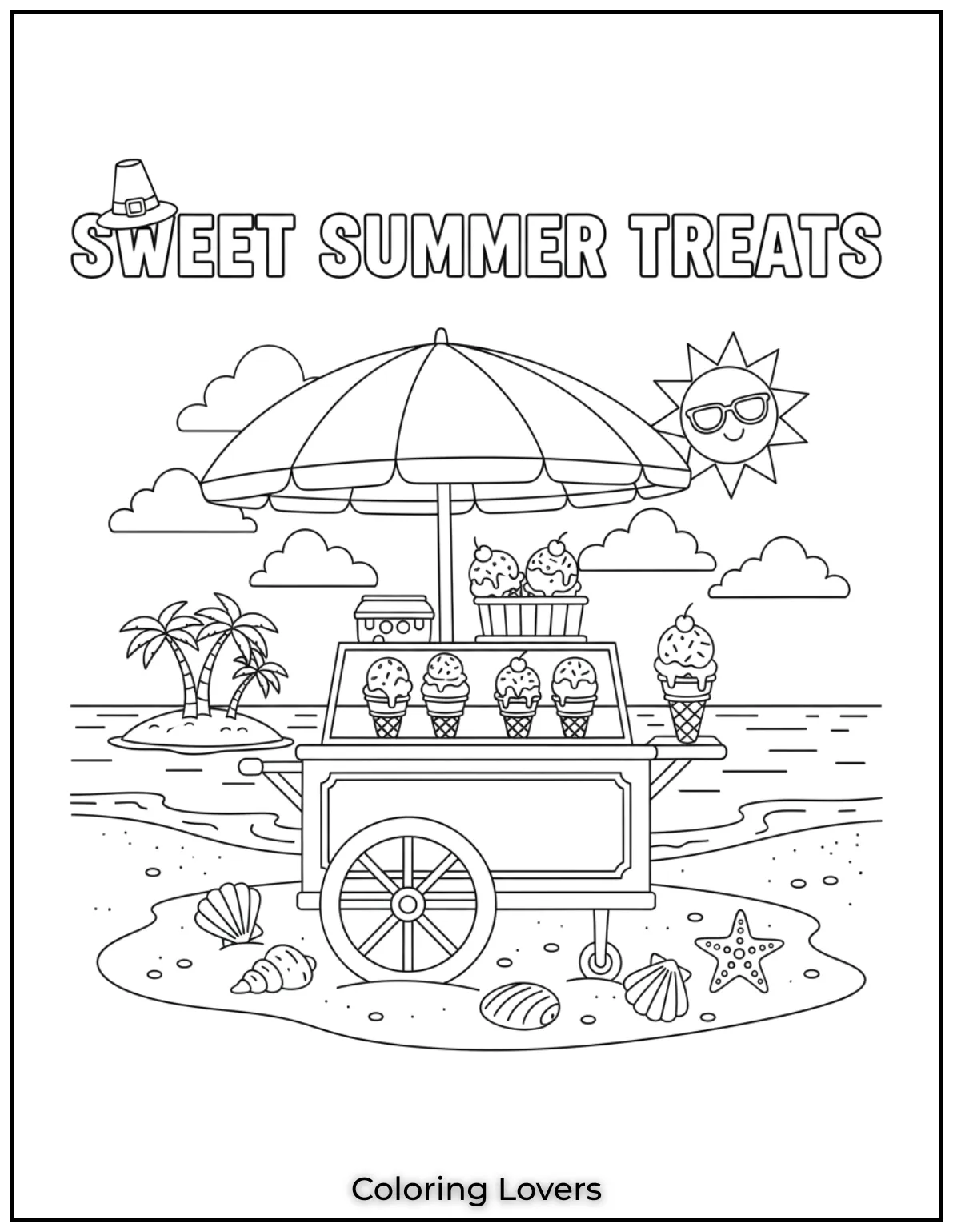 “SWEET SUMMER TREATS” shows a snack cart under an umbrella, with ice cream cones and sea shells.