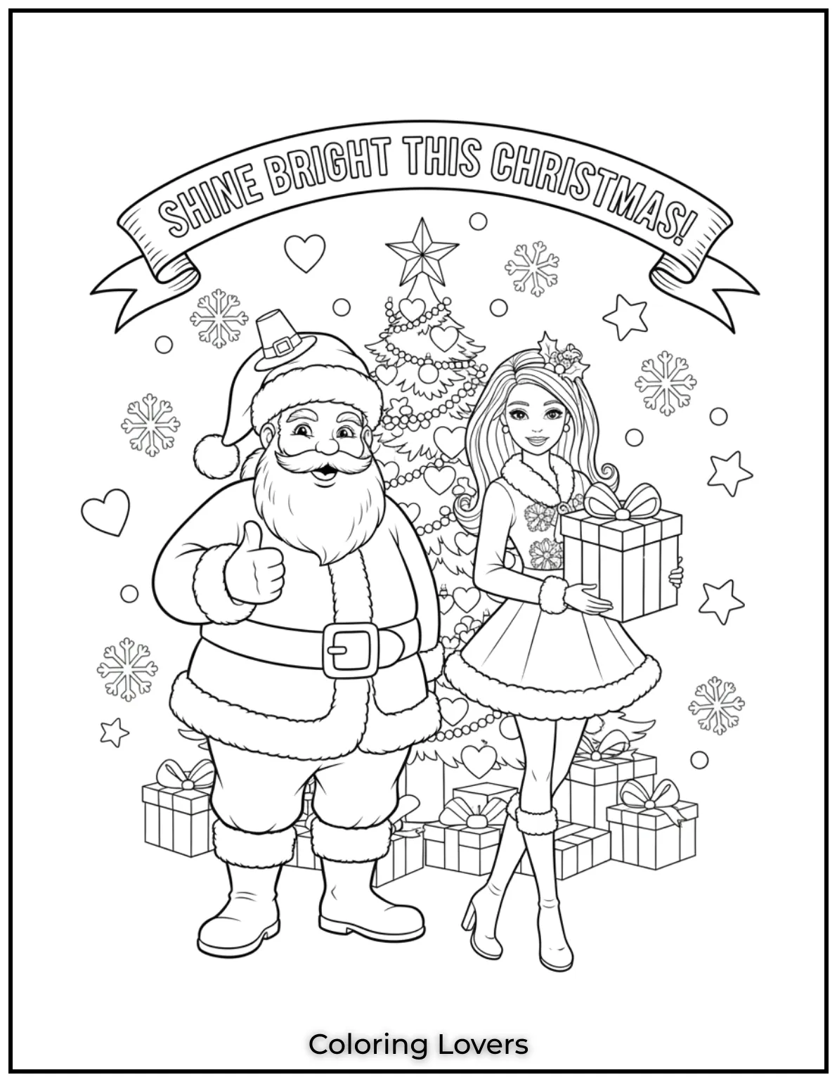Santa Claus and Barbie shining brightly with the note “Shine Bright This Christmas!” in a festive coloring page for girls.
