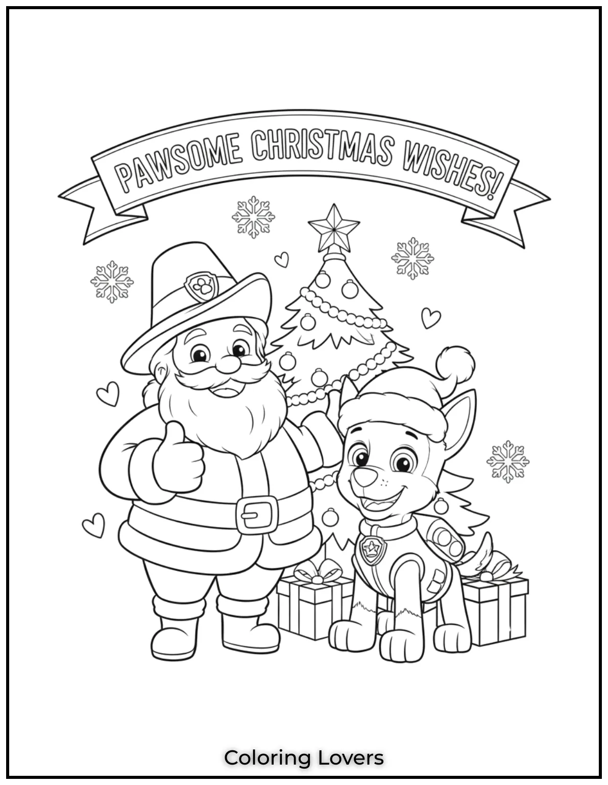 Santa Claus and Chase from Paw Patrol wishing everyone “Pawsome Christmas Wishes!” in this cheerful coloring page for kids.