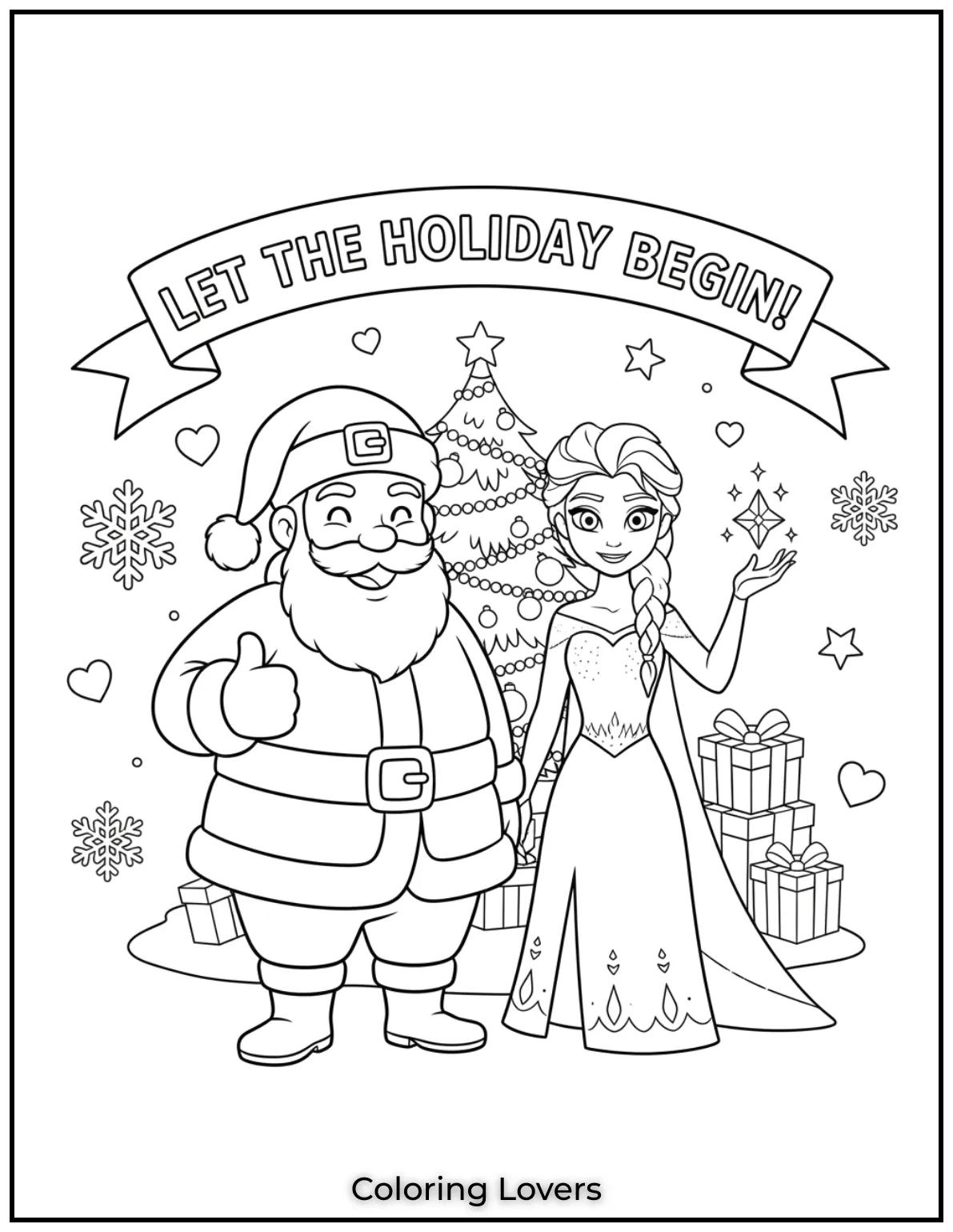 Santa Claus and Elsa from Frozen teaming up for Christmas cheer with the note “Let the Holiday Begin!” in this magical coloring page for girls.