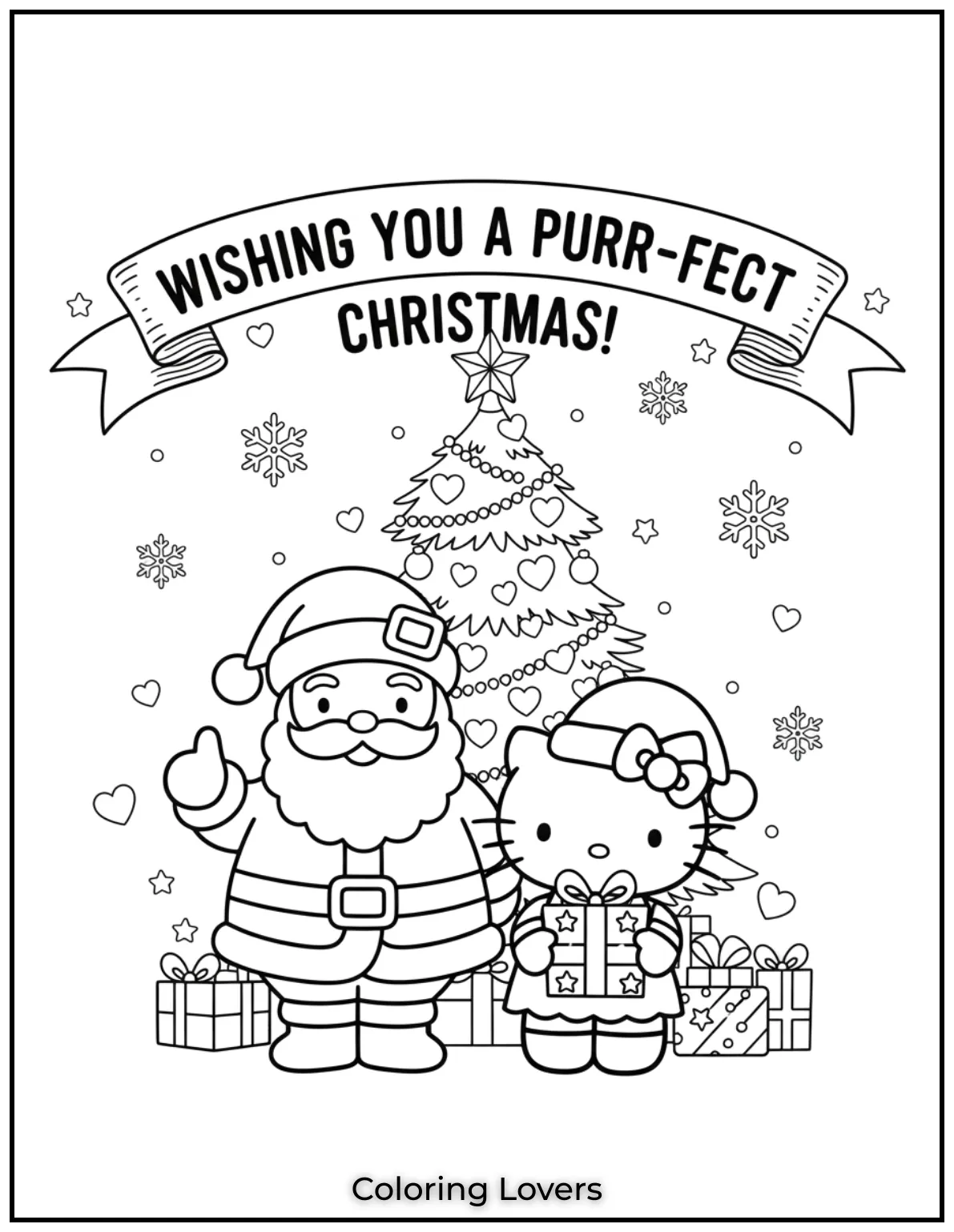 Santa Claus and Hello Kitty spreading holiday cuteness with the note “Wishing You a Purr-fect Christmas!” in this adorable coloring page.