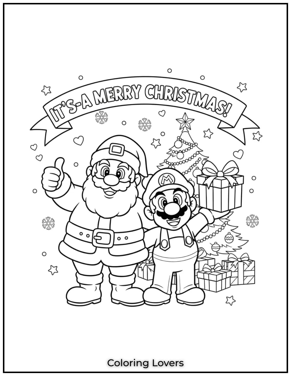 Santa Claus and Mario wishing everyone “It’s-a Merry Christmas!” in this joyful coloring page for kids.