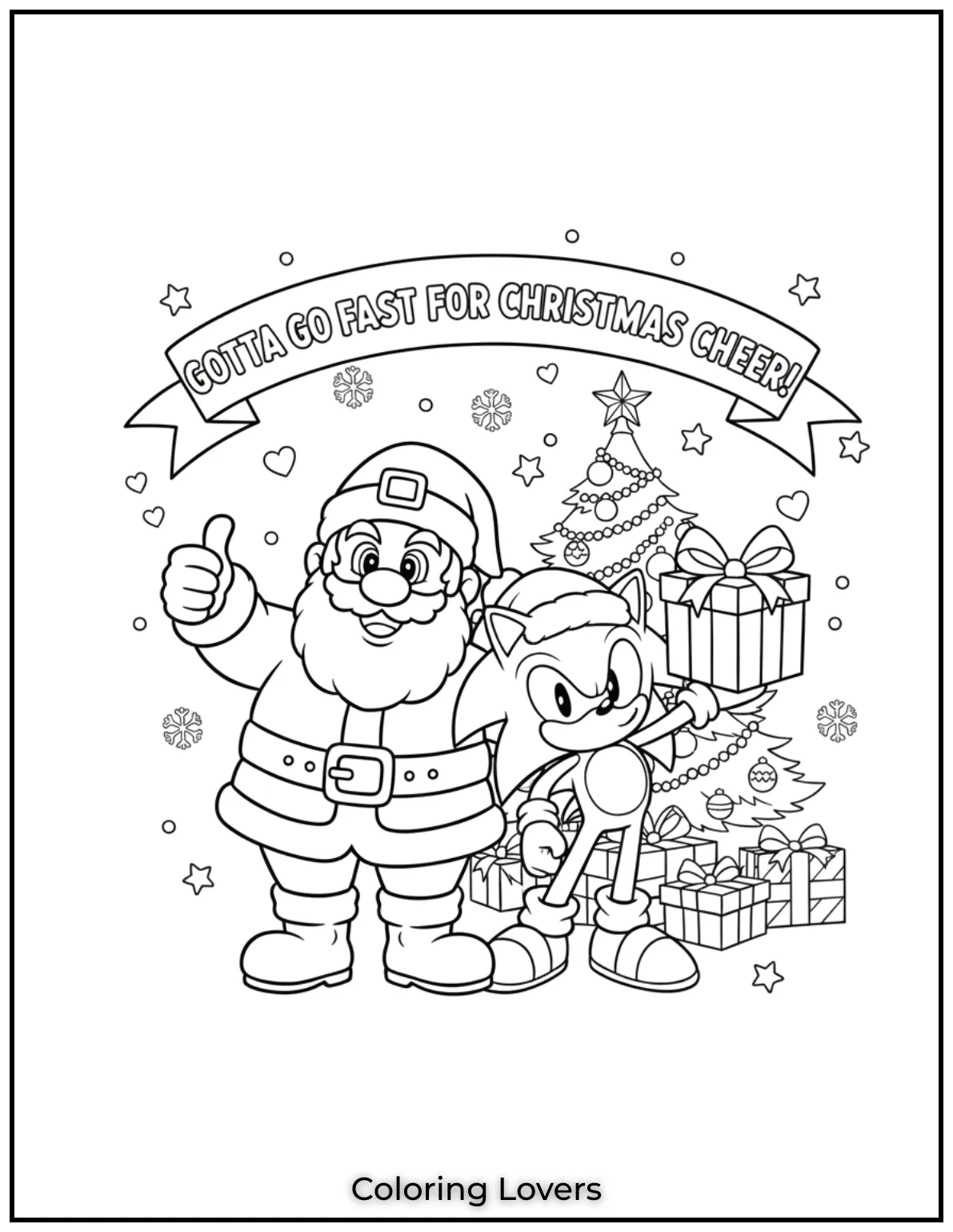 Santa Claus and Sonic the Hedgehog spreading Christmas cheer with the note “Gotta Go Fast for Christmas Cheer!” in this energetic coloring page for kids.