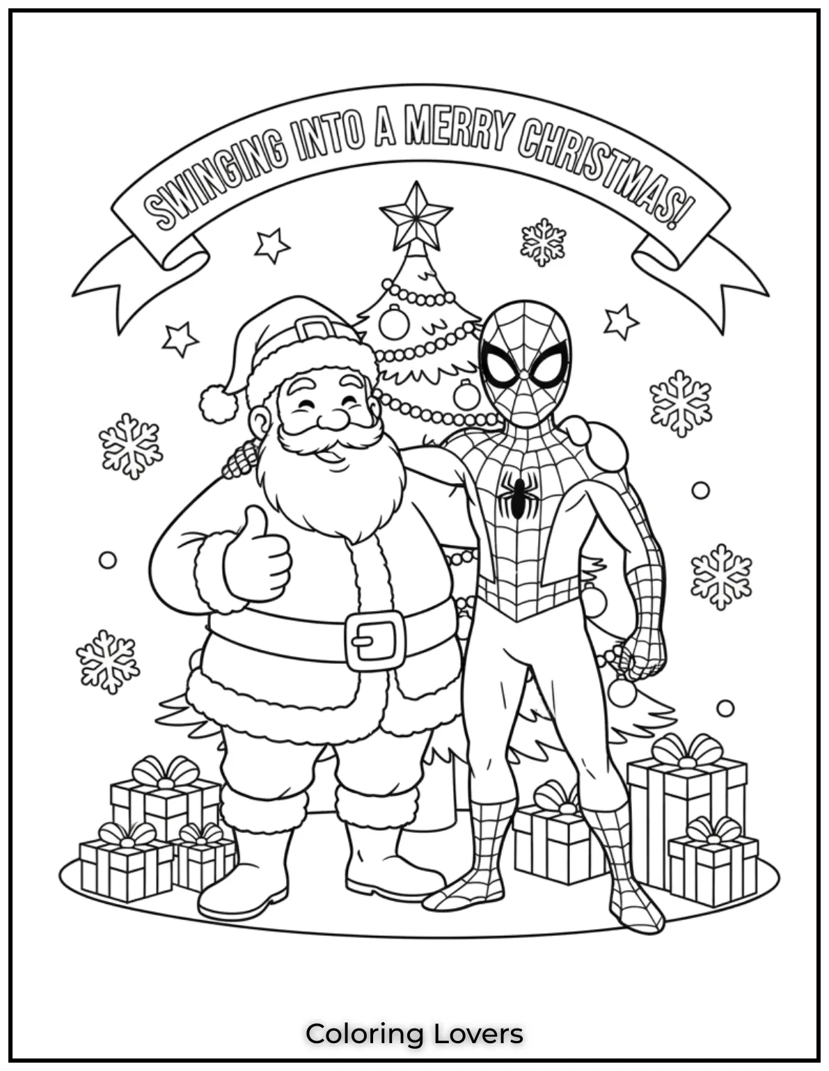 Santa Claus and Spider-Man together, sharing a festive moment with the note “Swinging into a Merry Christmas!” in this fun coloring page for kids.