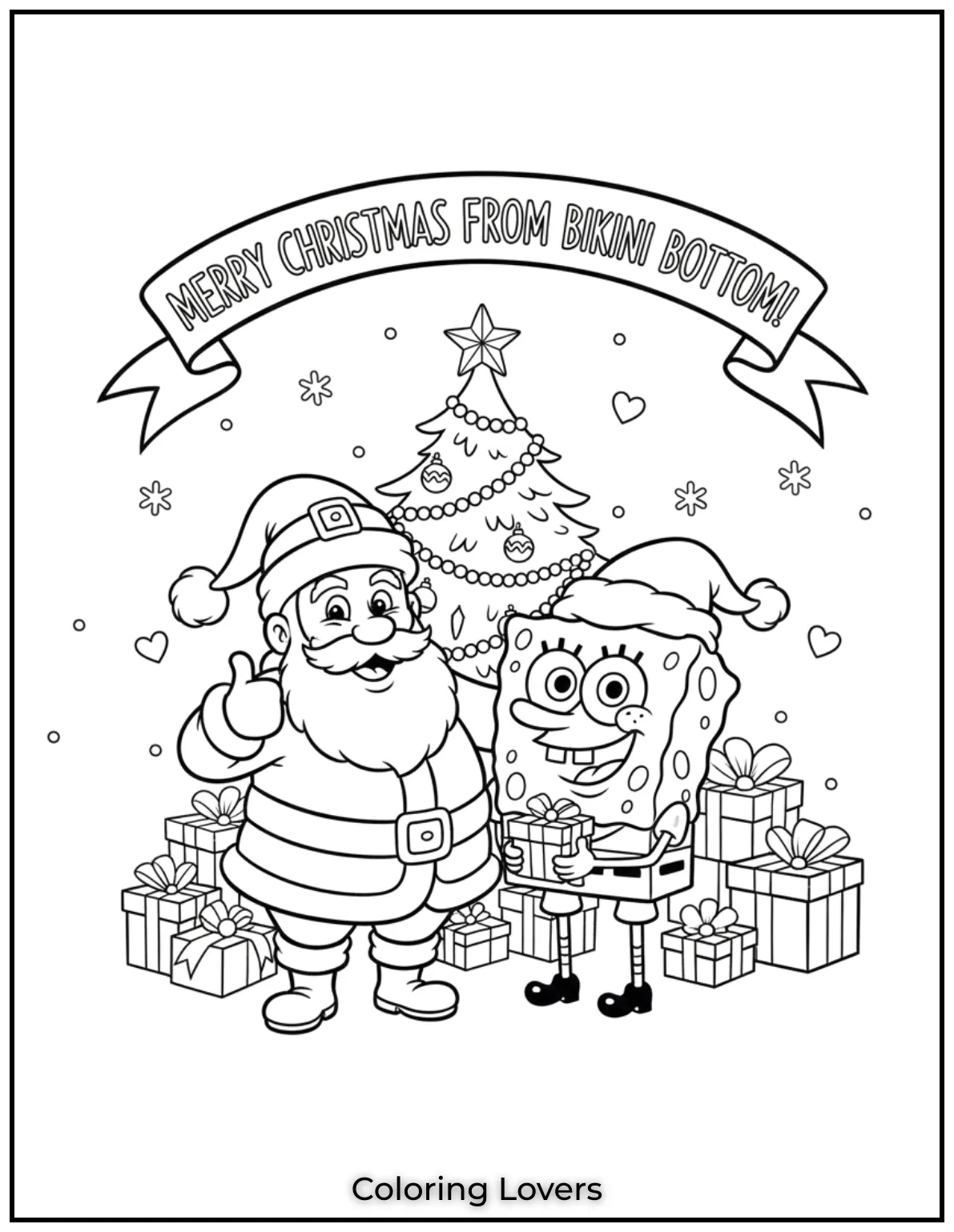Santa Claus and SpongeBob celebrating Christmas with the message “Merry Christmas from Bikini Bottom!” in this funny coloring page for kids.