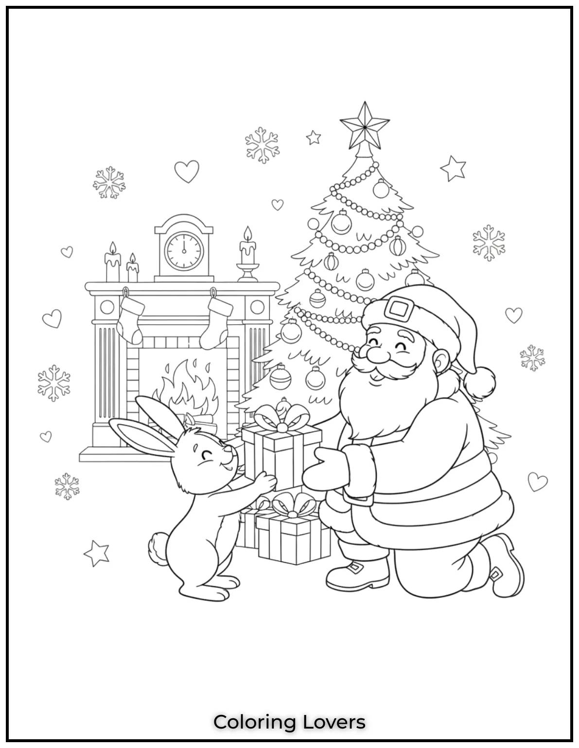 Santa and a happy bunny share a sweet moment with a gift exchange. A delightful scene to color this holiday season.