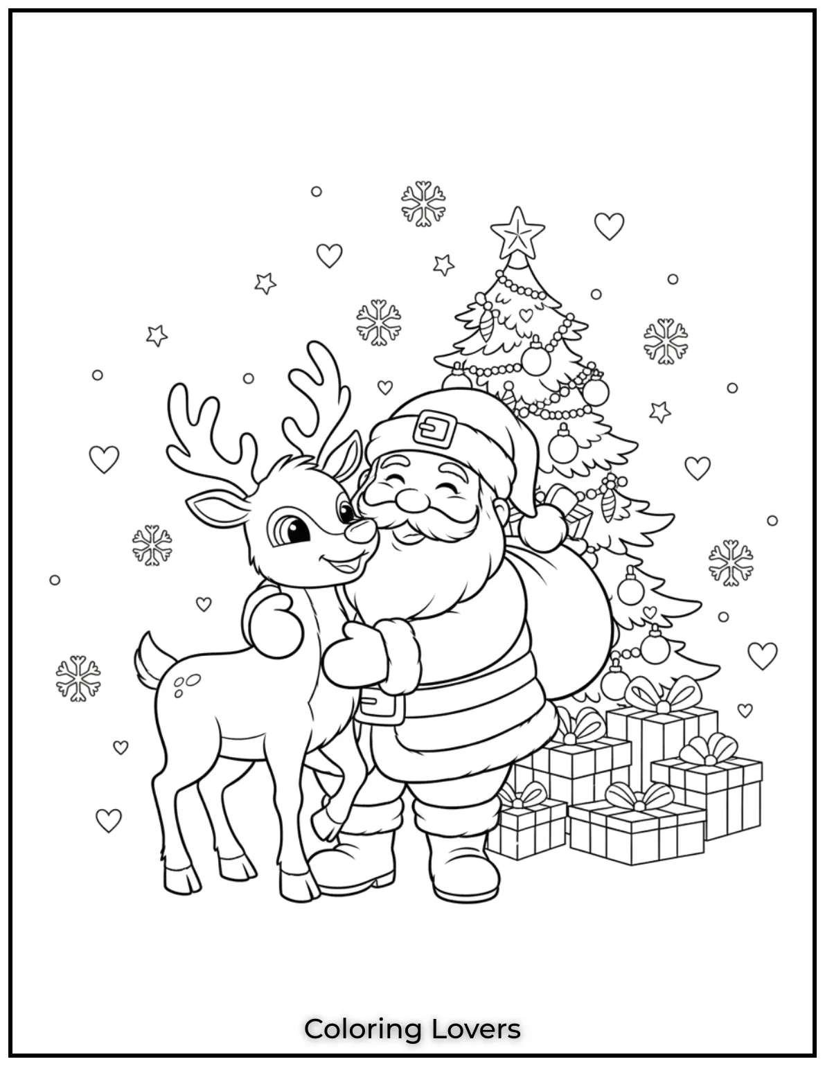 Santa and his adorable reindeer share a warm moment together. A magical scene that’s ready for your creative coloring touch.