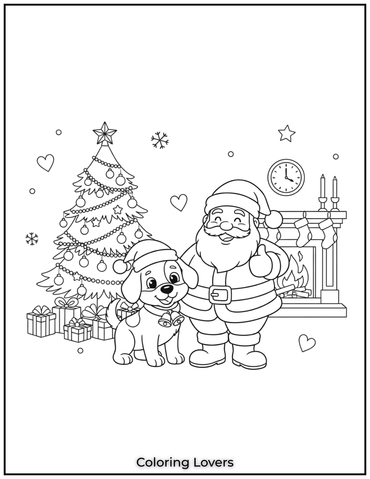 Santa and his festive dog make the cutest Christmas duo. A joyful addition to Santa Claus coloring pages for kids.