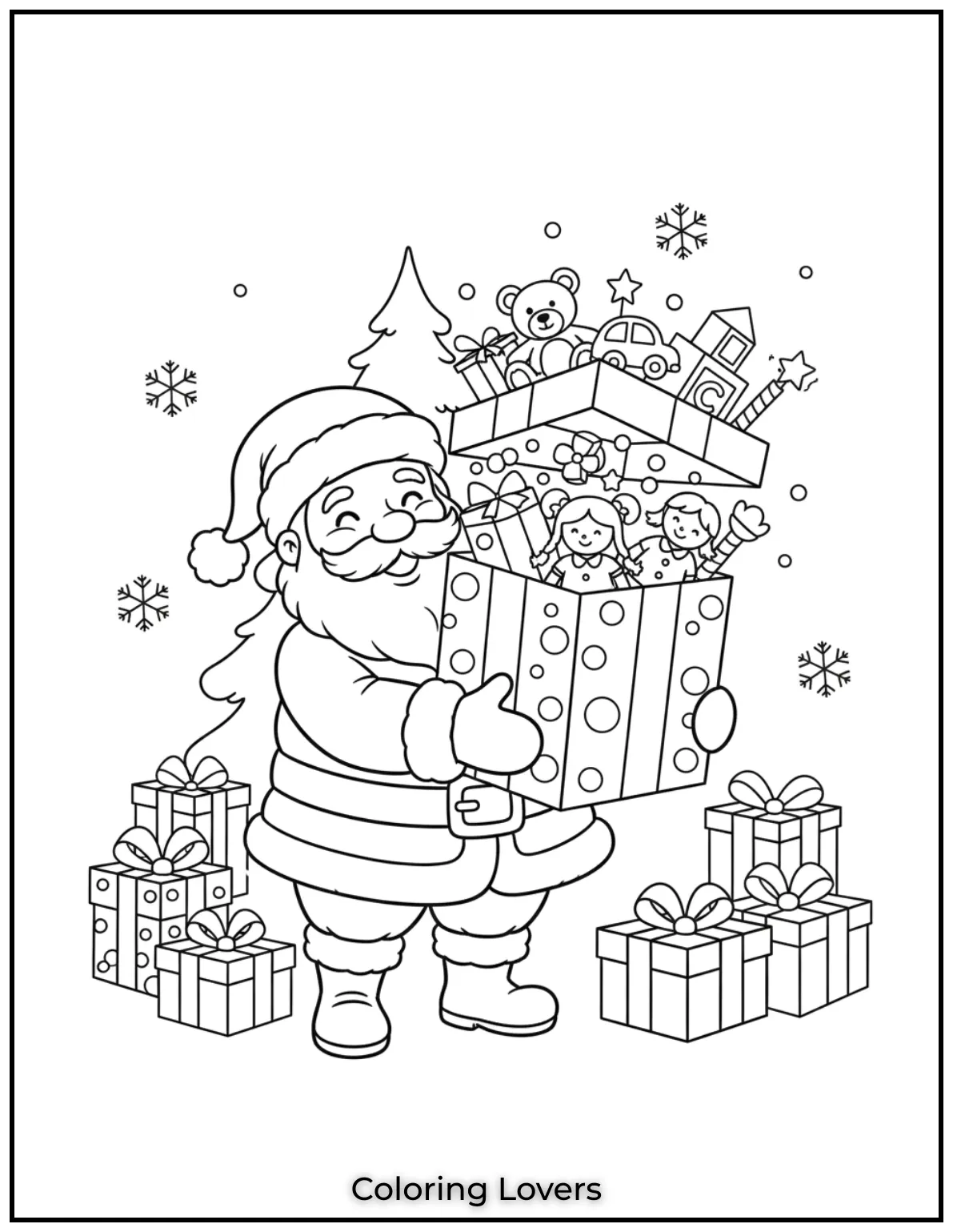 Santa carries a big present filled with surprises, teaching kids about the joy of giving during Christmas celebrations.