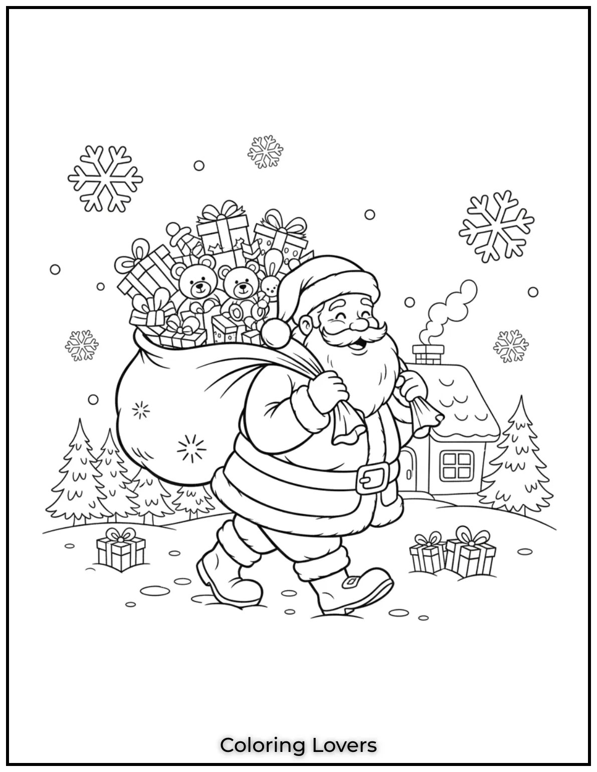 Santa carrying his big sack of presents, ready to deliver joy to every home. A delightful and easy Santa Claus coloring page.