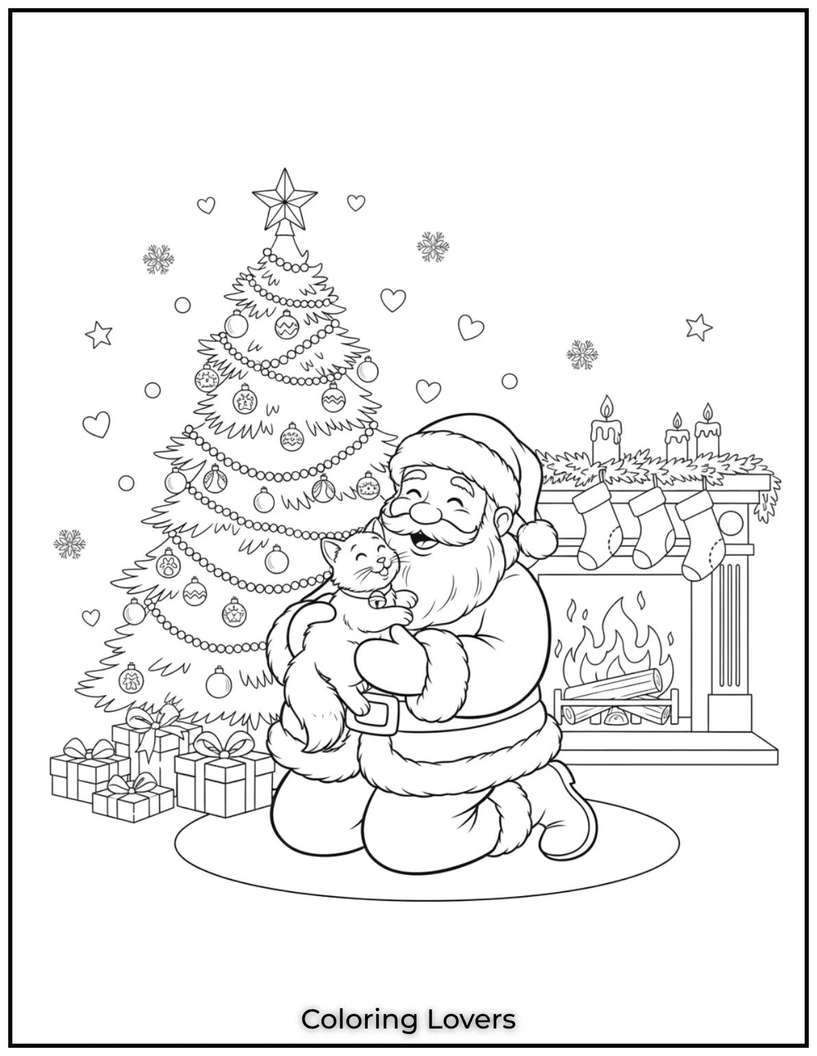 Santa cuddles a fluffy cat in this heartwarming Christmas scene. A cozy image for all Santa Claus coloring pages fans!