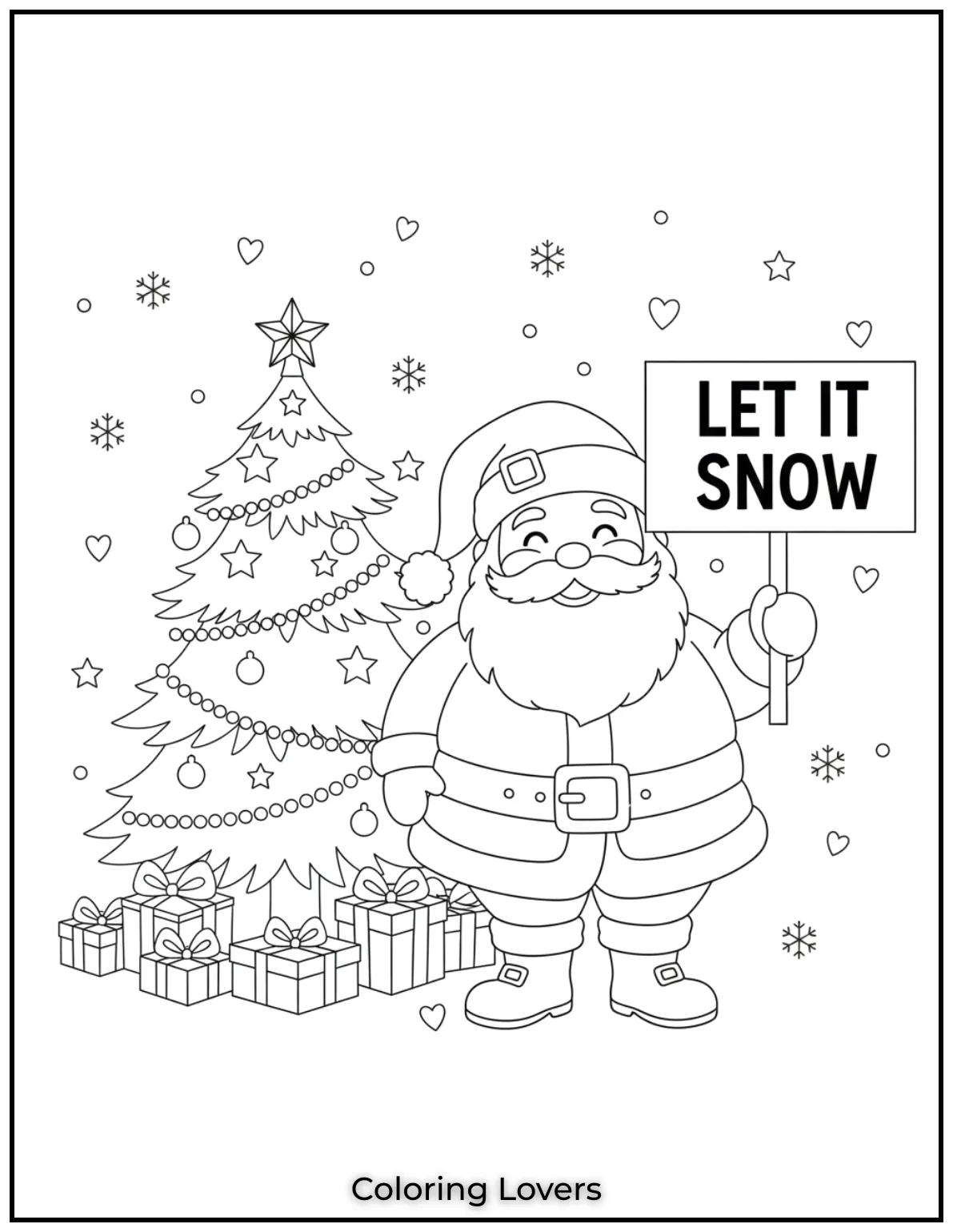 Santa holds a “Let It Snow” sign, ready to bring some winter magic. A wonderful scene to brighten your holiday spirit.