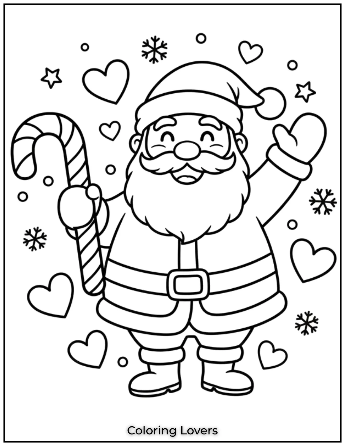 Santa holds a candy cane surrounded by hearts, symbolizing love and sweetness for the holiday season. Great for preschool creativity..