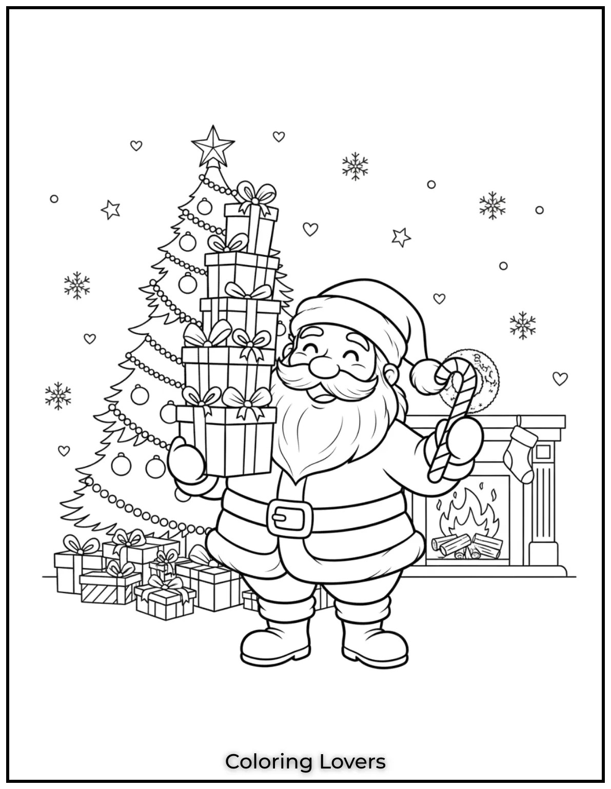 Santa holds a stack of gifts and a candy cane, ready to spread holiday cheer. A simple and fun Santa Claus coloring page for everyone.
